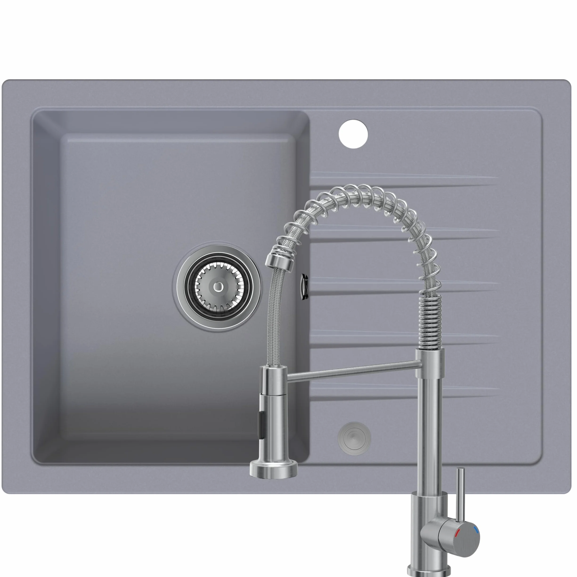 SINK Quality zlewozmywak szary z zestawem armatury 68 x 49,5 cm – zlewozmywak z kranem, syfonem Push i środkiem impregnującym – kompletny zestaw do szafki pod umywalkę z 45