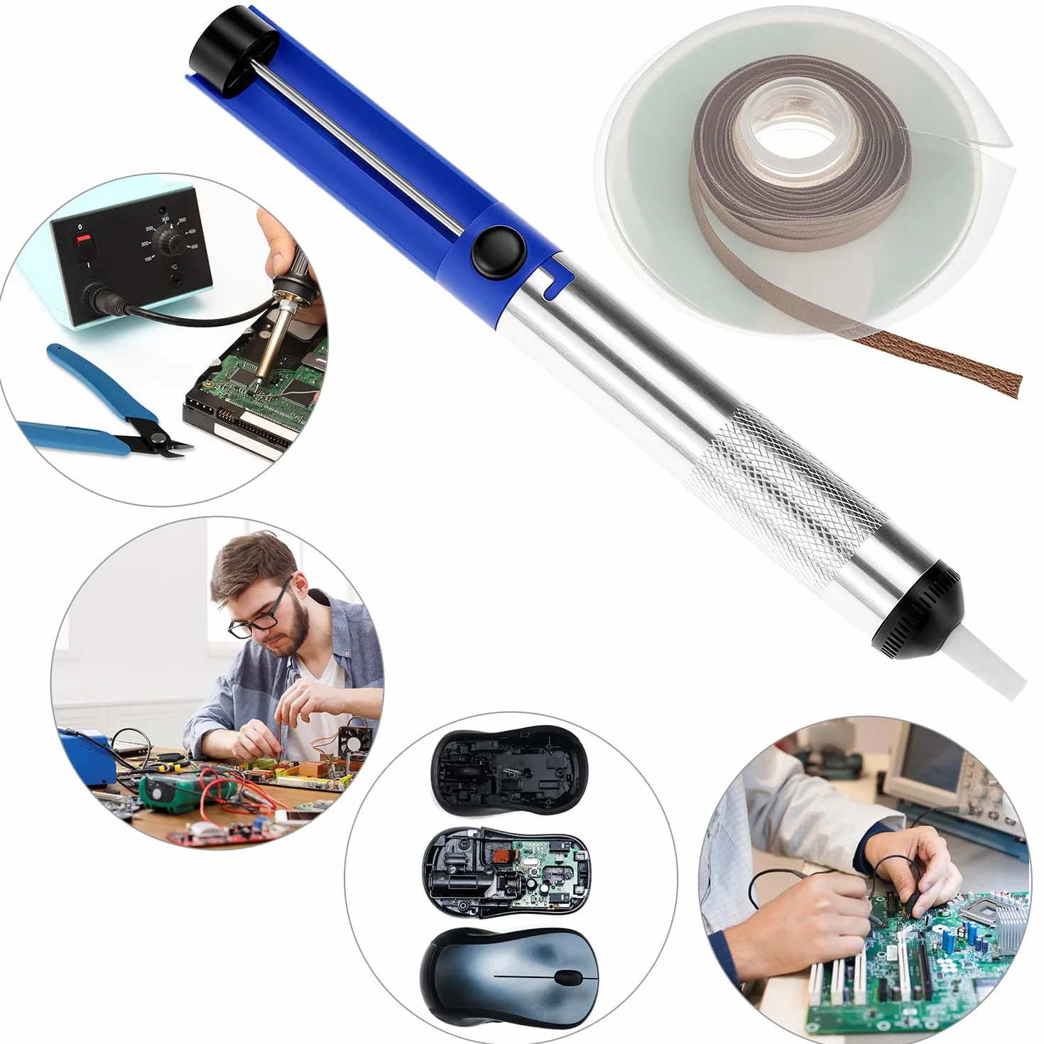 QWORK® 3-częściowy zestaw narzędzi do usuwania lutowania, pompa ssąca, nieczyszczący knot lutowniczy i szczypce do cięcia drutu, do elektroniki DIY