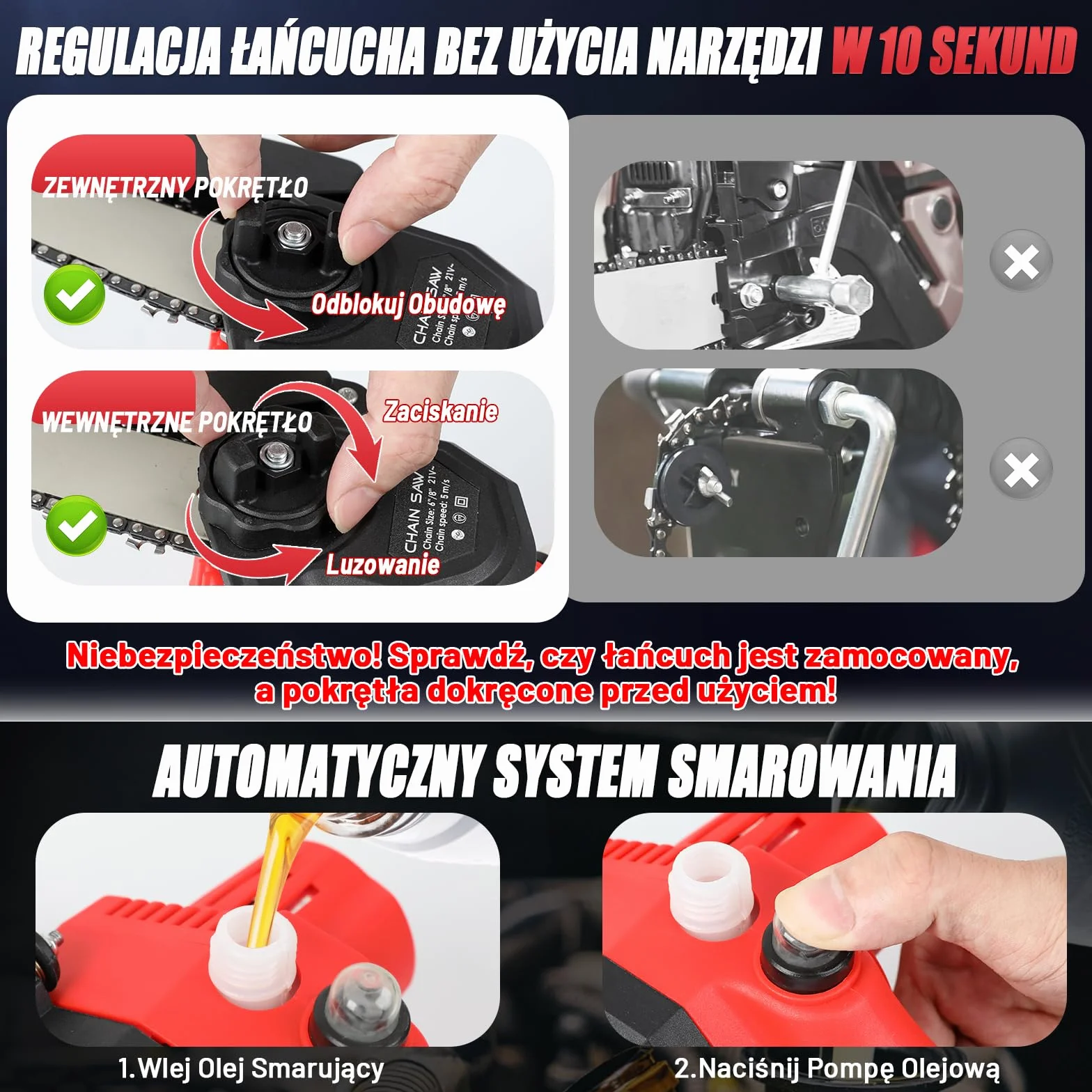 Mini Piła Łańcuchowa Bezprzewodowa 6 Cali, Elektryczna Piła z Silnikiem 800W, Systemem Instalacji Beznarzędziowej/Blokady Bezpieczeństwa, z 2 Akumulatorami 2000mAh do Przycinania Drzew, Cięcia Drewna