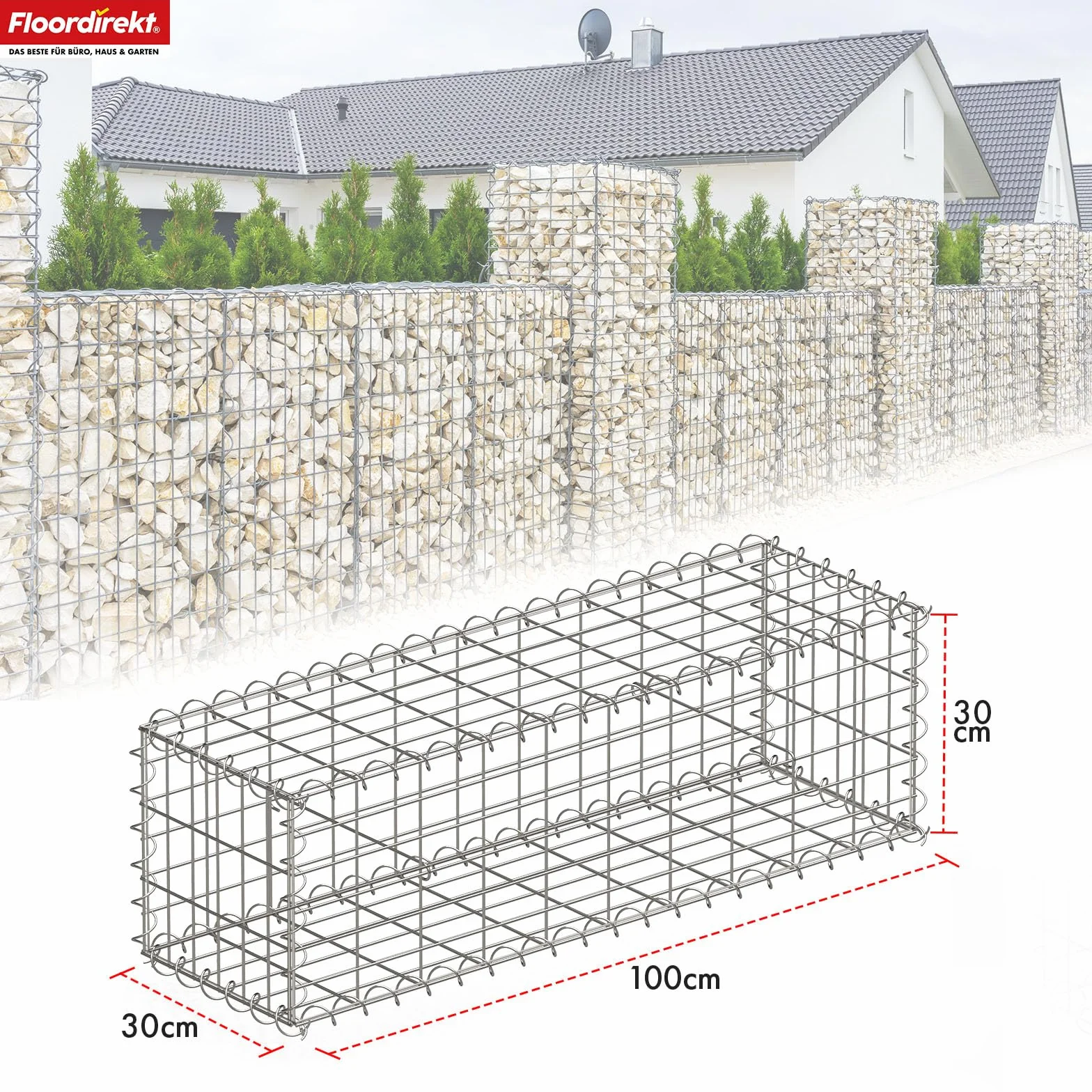 Floordirekt Gabiona, metalowy kosz na kamienie, 100x30x30 cm, ocynkowany kosz z drutem o rozmiarze oczek 5 x 10 cm, kamienny mur jako płot ogrodowy, siatka gabionowa jako osłona przeciwsłoneczna