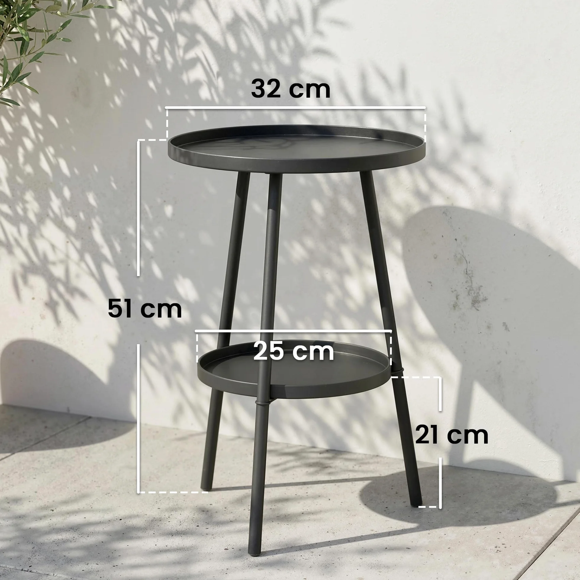 Outsunny Stolik pomocniczy do ogrodu, dwupoziomowy stolik balkonowy z podwyższonymi krawędziami, okrągły stolik kawowy, obciążenie 30 kg, Ø32 x 51H cm, stolik na balkon, taras, biuro, czarny