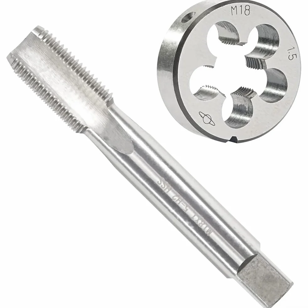 Zestaw gwintowników i narzynek, gwintowniki i narzynki do gwintów okrągłych, gwintowniki HSS M18x1,5 mm, gwintowniki M18x1,5 mm, gwinty metryczne prawe do obróbki stali, naprawa gwintów