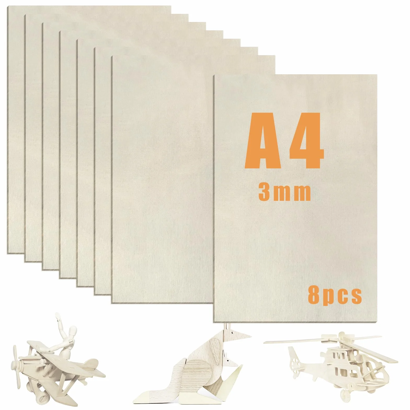 Płyta ze sklejki, topola, 3 mm, 8 sztuk płyt drewnianych A4, do majsterkowania, do projektów laserowych, modelarstwa, majsterkowania, malowania artystycznego, dekoracji
