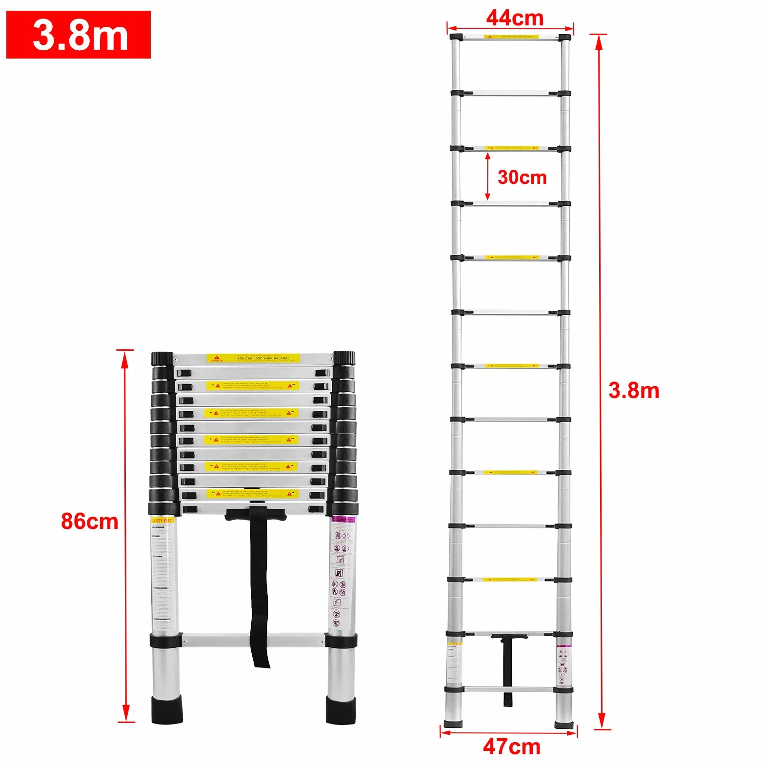 Aluminiowa drabina teleskopowa 3,8 m 13 szczebli nośność 150 kg