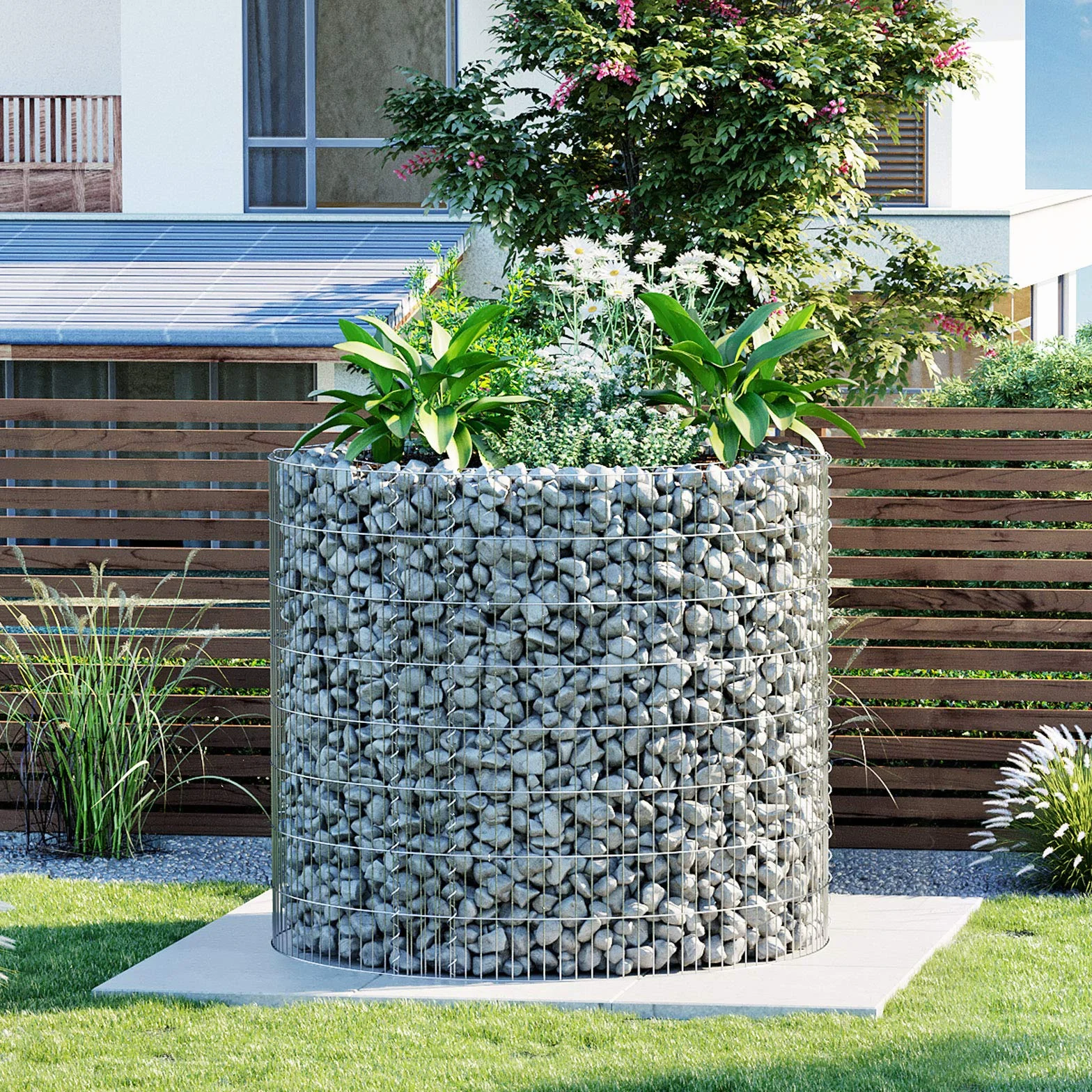 SONGMICS gabion, okrągły, kosz gabionowy, metalowy kosz na kamienie, siatka o małych oczkach 2,5 x 10 cm, ogrodzenie z drutu ze stali ocynkowanej, nierdzewne, 90 x 80 cm (Ø x W), srebrny GGB879
