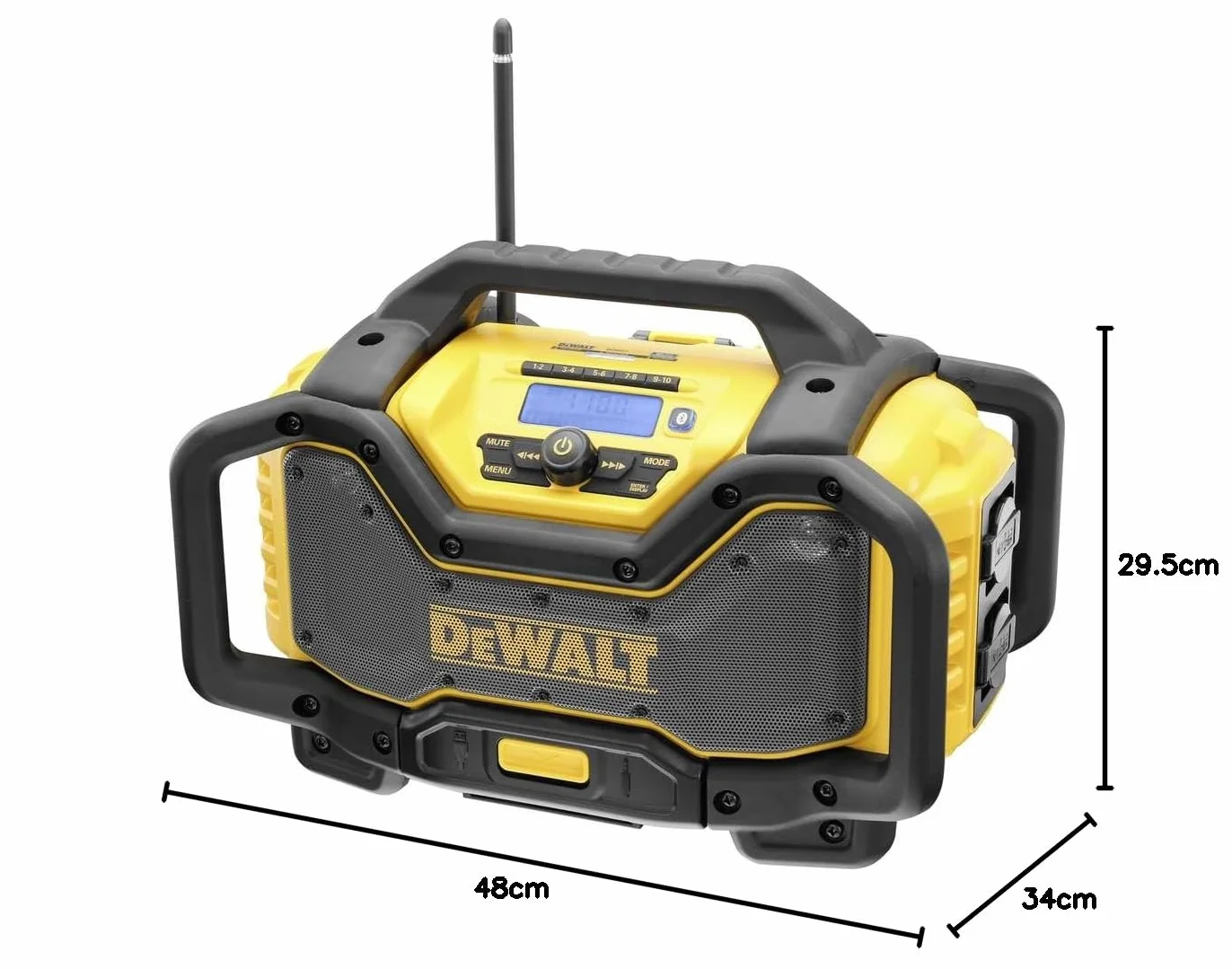 Dewalt Radio akumulatorowe i sieciowe (z funkcją ładowania, DAB+ i AM/FM-Stereo, wydajne głośniki, wytrzymała obudowa z pałąkiem zabezpieczającym, Bluetooth, złącze USB) DCR027