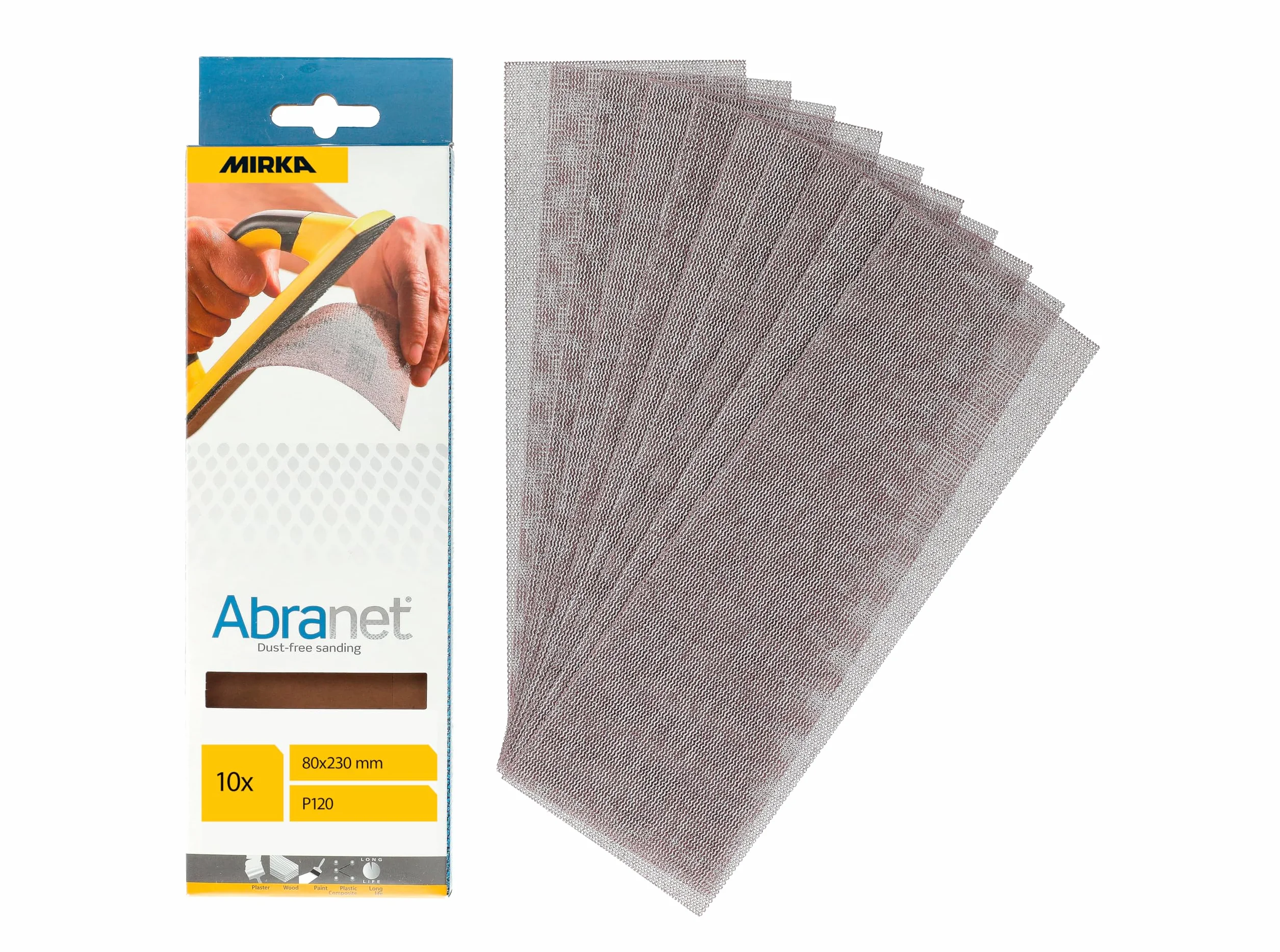 Mirka Abranet siatka ścierna 80x230mm / arkusze ścierne na rzep/ziarnistość P120 / 10 sztuk / AE175F1012 / do bezpyłowego szlifowania drewna, szpachli, lakierów, tworzyw sztucznych