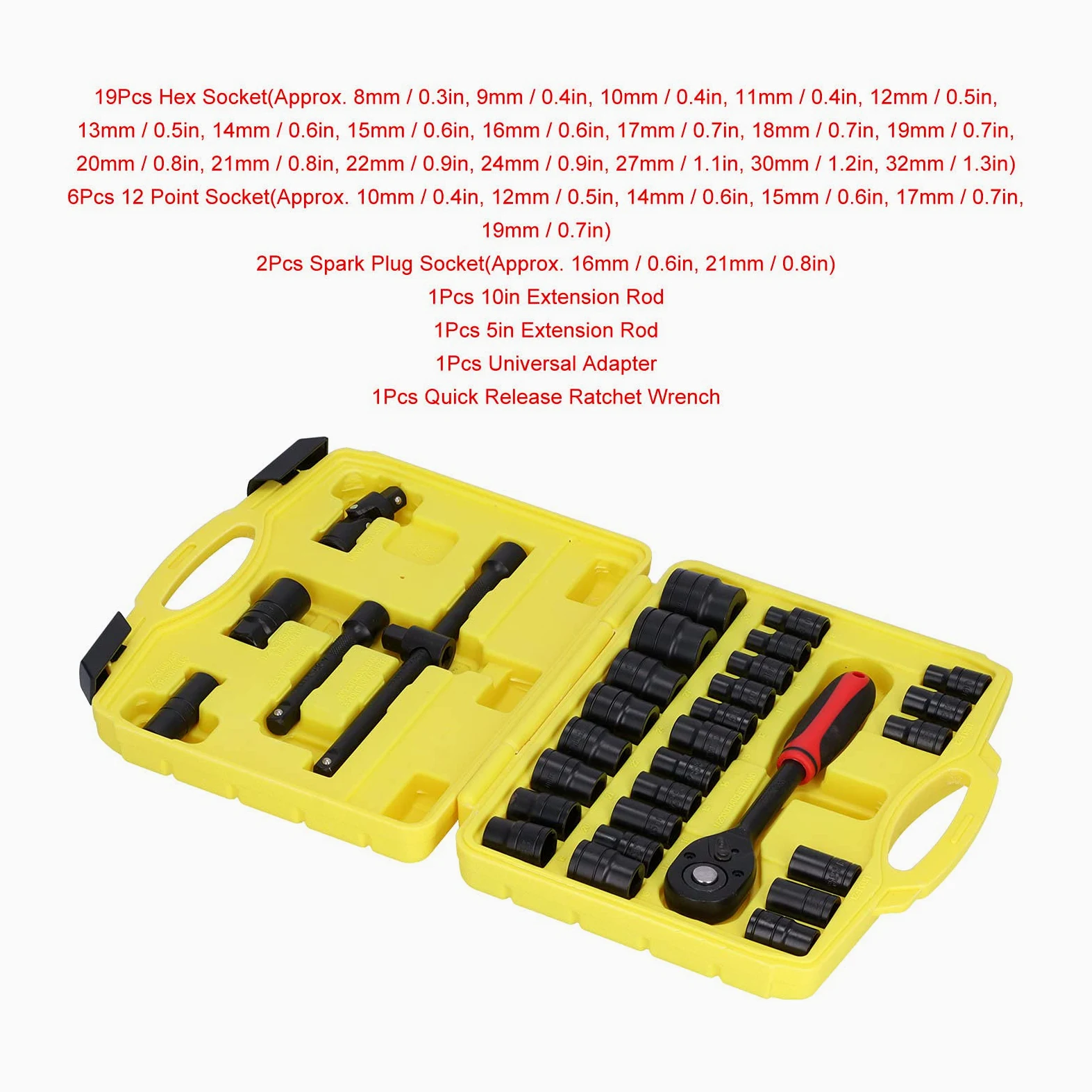 Yosoo Health Gear Zestaw Kluczy Nasadowych ze Stali Chromowo-wanadowej Zestaw Kluczy Nasadowych 1 2-calowa Grzechotka 8 do 32 Mm 72 Zęby Szybkozamykacz z walizką do Mechaniki Samochodowej