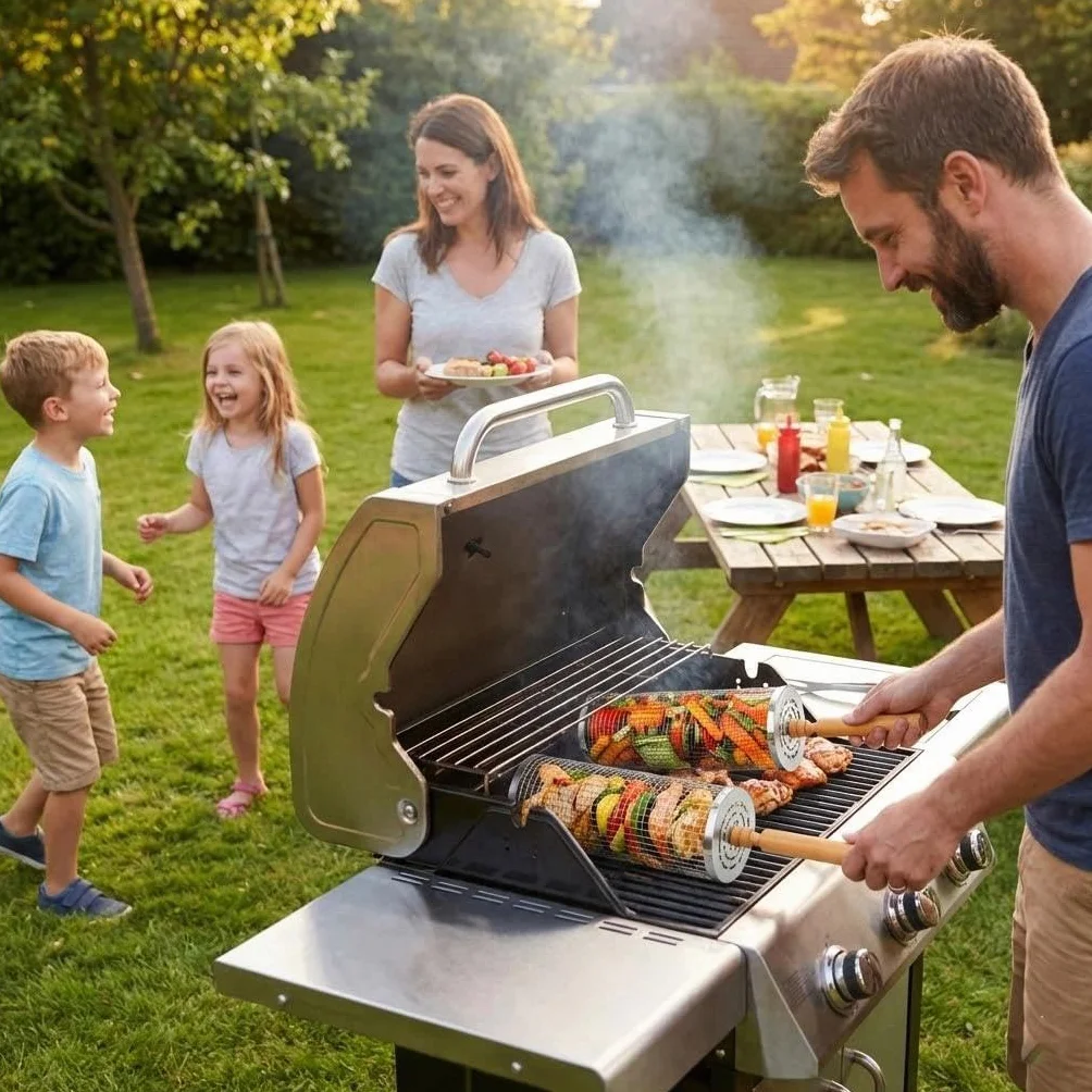 Kosz do grillowania, akcesoria kempingowe, akcesoria do grilla, 2-częściowy zestaw koszy grillowych z drewnianym uchwytem, cylindryczny ruszt do grillowania ze stali nierdzewnej 304 do przenośnych