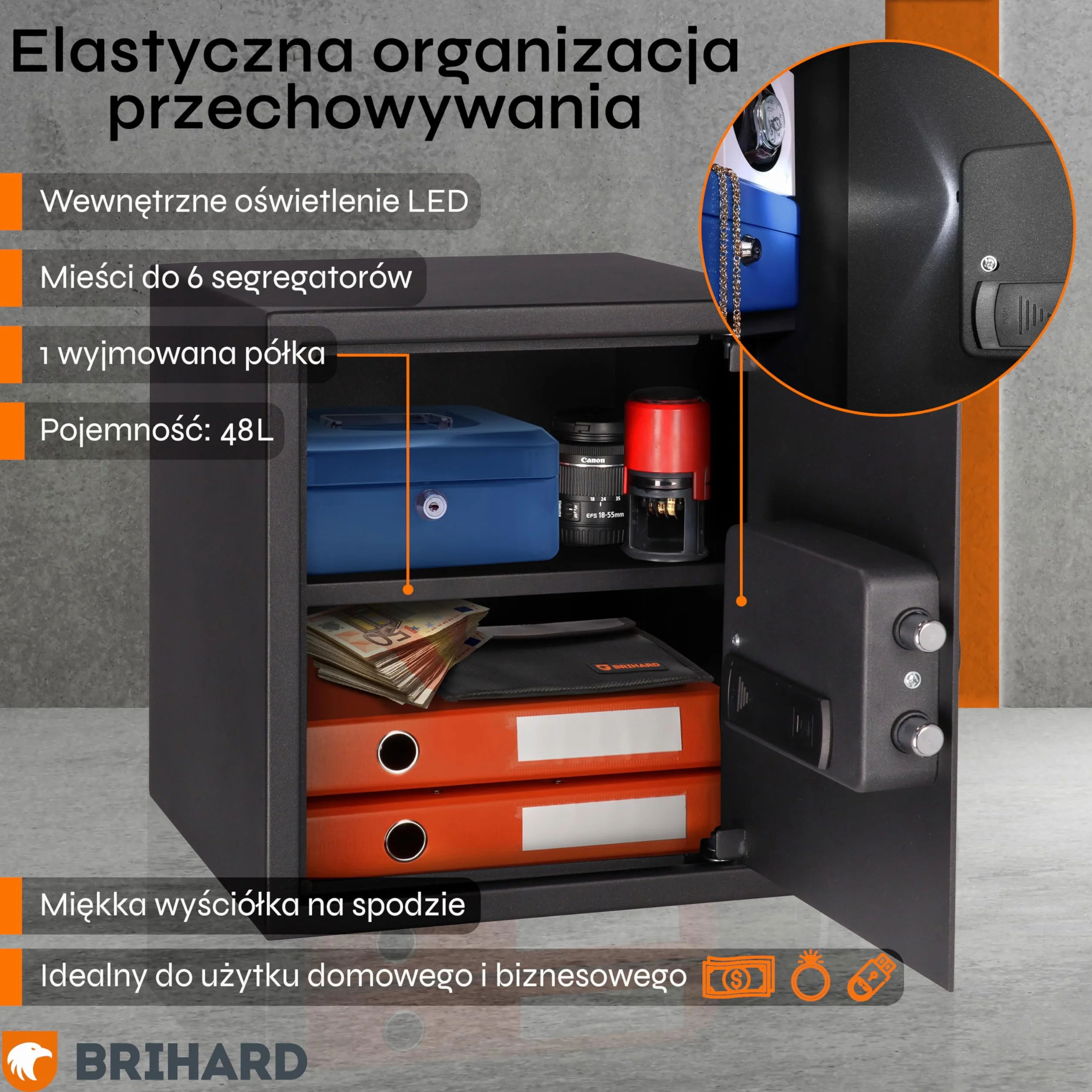 Business Sejf Elektroniczny 40x36x36cm z Ognioodporną Saszetką na Pieniądze, Duży Sejf 48L z Wyjmowaną Półką, Sejf Biurowy na Dokumenty A4, Pieniądze