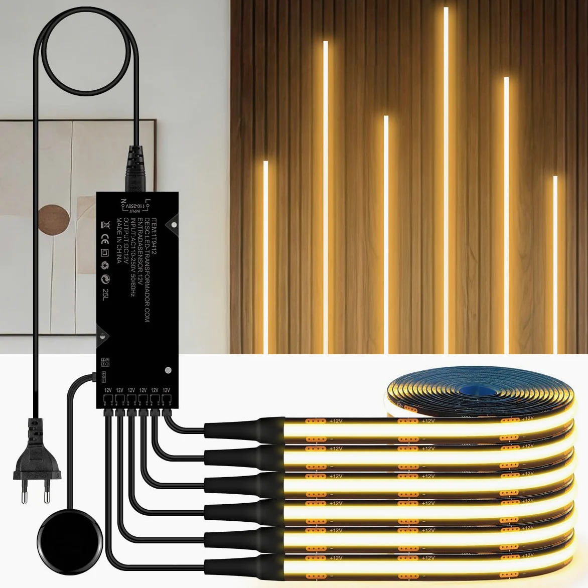 Oświetlenie szafek Taśma LED COB 6 w 1 z funkcją ściemniania Penetrująca taśma LED z dotykowym przełącznikiem 1 m Ciepła biel 12 V Panele akustyczne LED z przełącznikiem ręcznym,6er,3M