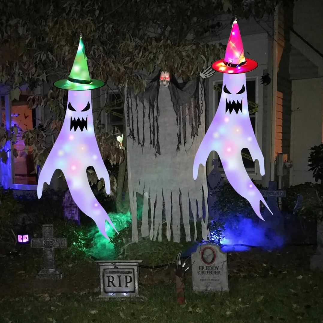 Dekoracje Halloween - Duch z Diodami LED, Wiszące Ozdoby na Zewnątrz, Impreza, Ogród, Patio, Trawnik (Czerwony+Zielony)
