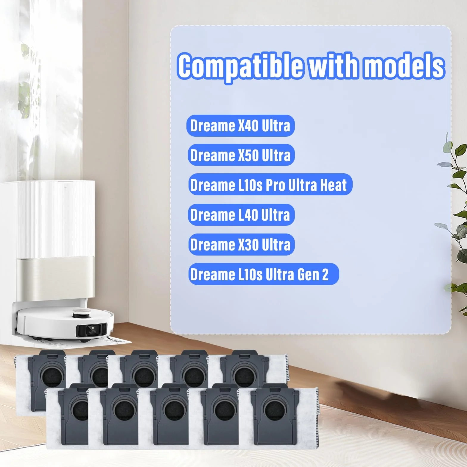10 worków do odkurzacza kompatybilnych z Dreame X40 Ultra/X50 Ultra/L10s Ultra Gen 2/L10s Pro Ultra Heat/D10 Plus Gen 2 – części zamienne o pojemności 3,2 l i pyłoszczelna konstrukcja