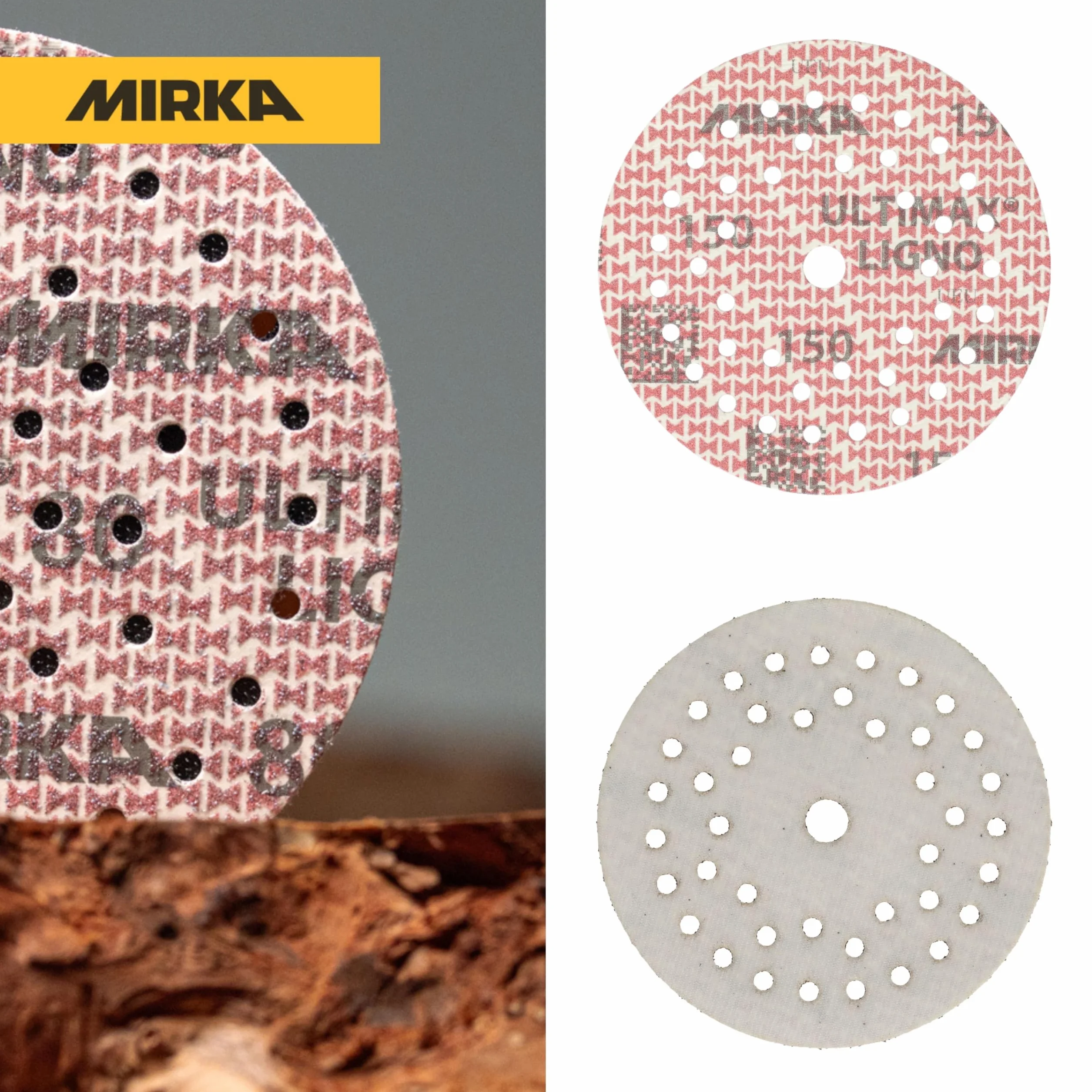 Mirka abrasive sheets Ultimax Ligno 125 mm rzep Multifit | Tarcze szlifierskie Mirka Ultimax Ligno 125 mm z ziarnem 150 do drewna wielootworowe rzep Multifit 100 sztuk
