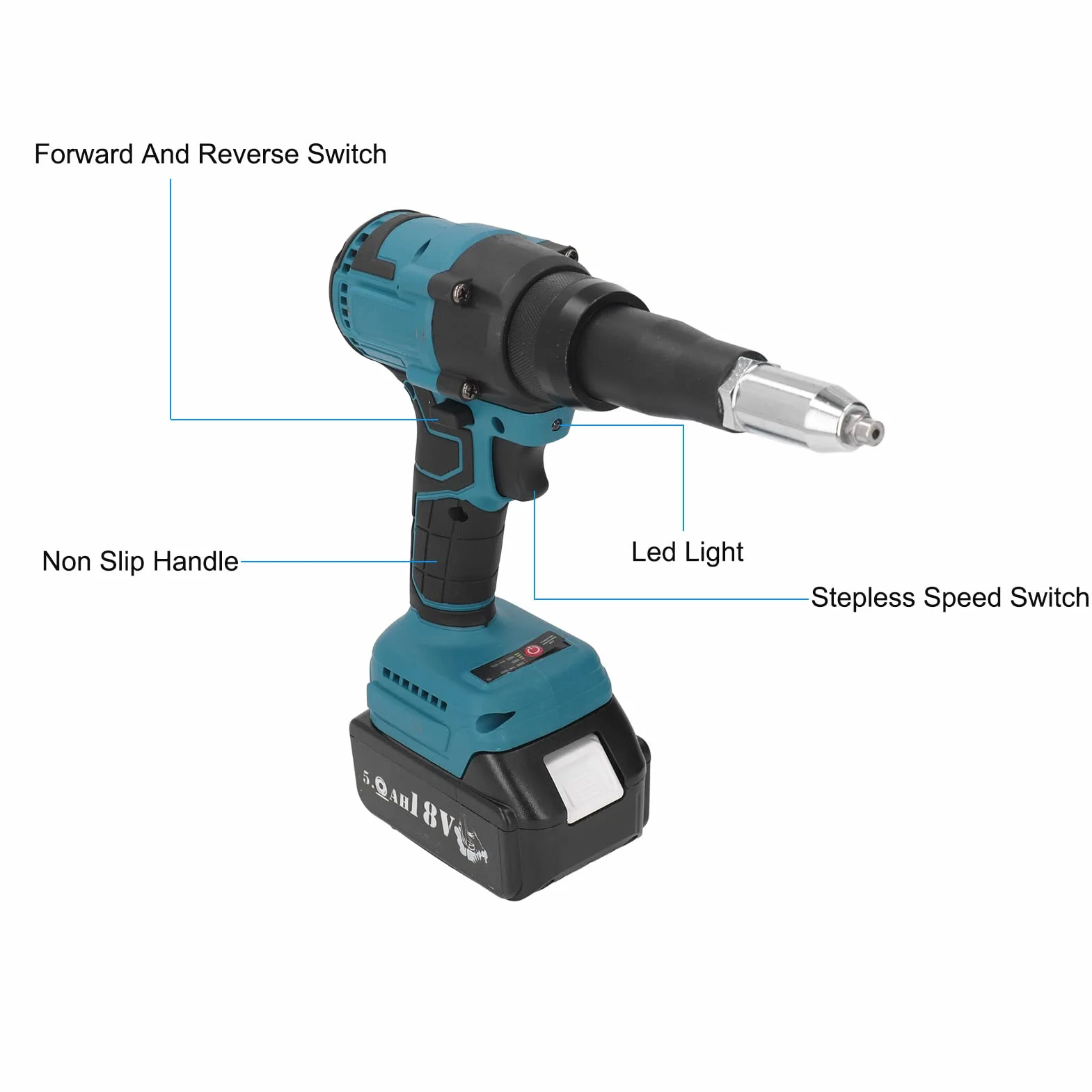 Akumulatorowy Pistolet do Nitów 18V, Elektryczny Nitownica Bezszczotkowa LED Adapter do Wiertarki do Nakrętek Automatyczny Rivet Nut Hand Tool dla Przemysłu Indywidualnej Dekoracji