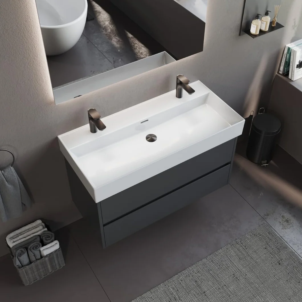 Aqua Bagno podwójna umywalka ceramiczna 100 cm biała – prostokątna, 2 otwory na baterię, nowoczesny design, montaż ścienny lub na meblu