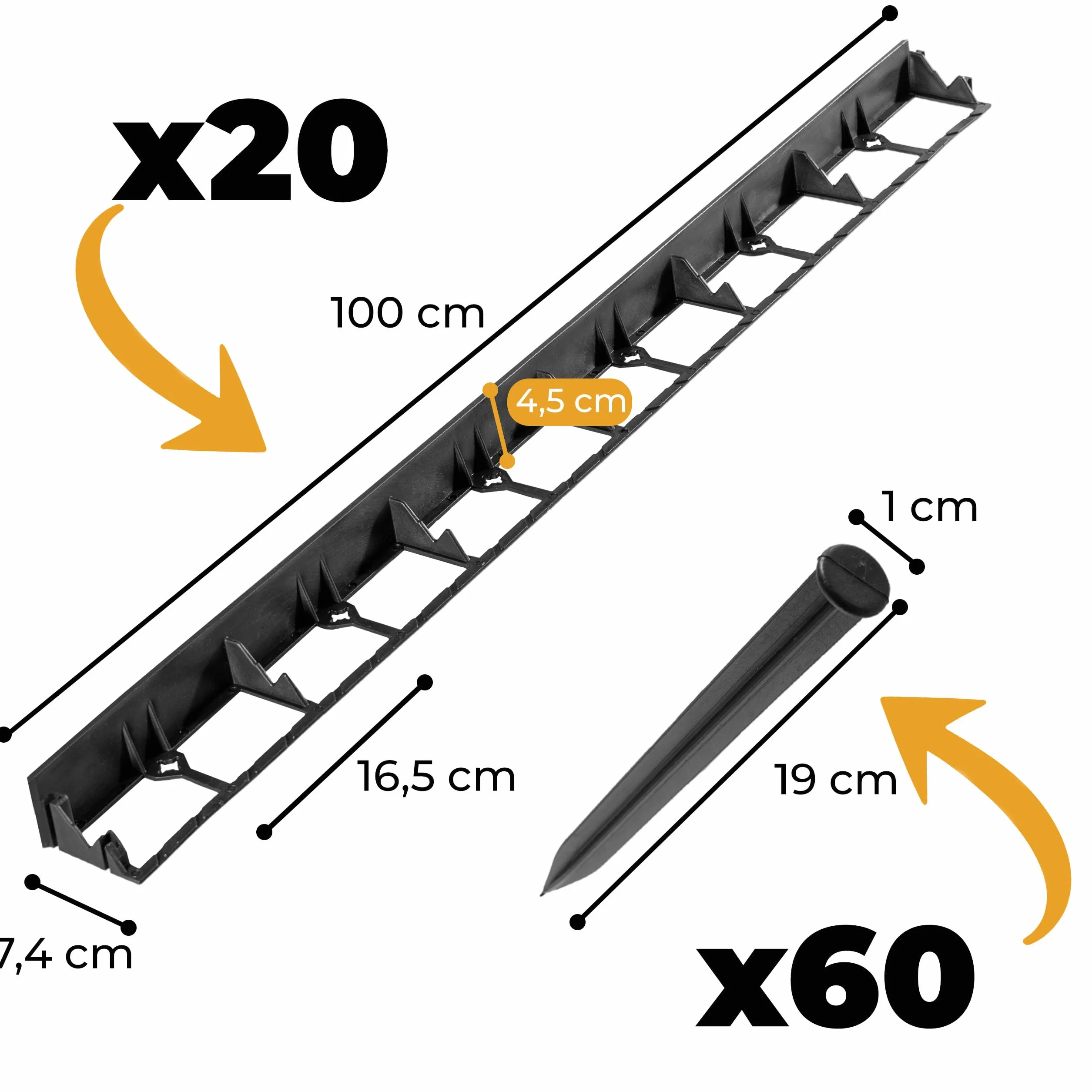 Elastyczne Obrzeże trawnikowe 20mb + 60 Kotew Obrzeże Ogrodowe o wysokości 4,5 cm Krawędź trawnikowa do koszenia Kotwy do Mocowania Obrzeża do ogrodu Tworzywo Sztuczne Czarne