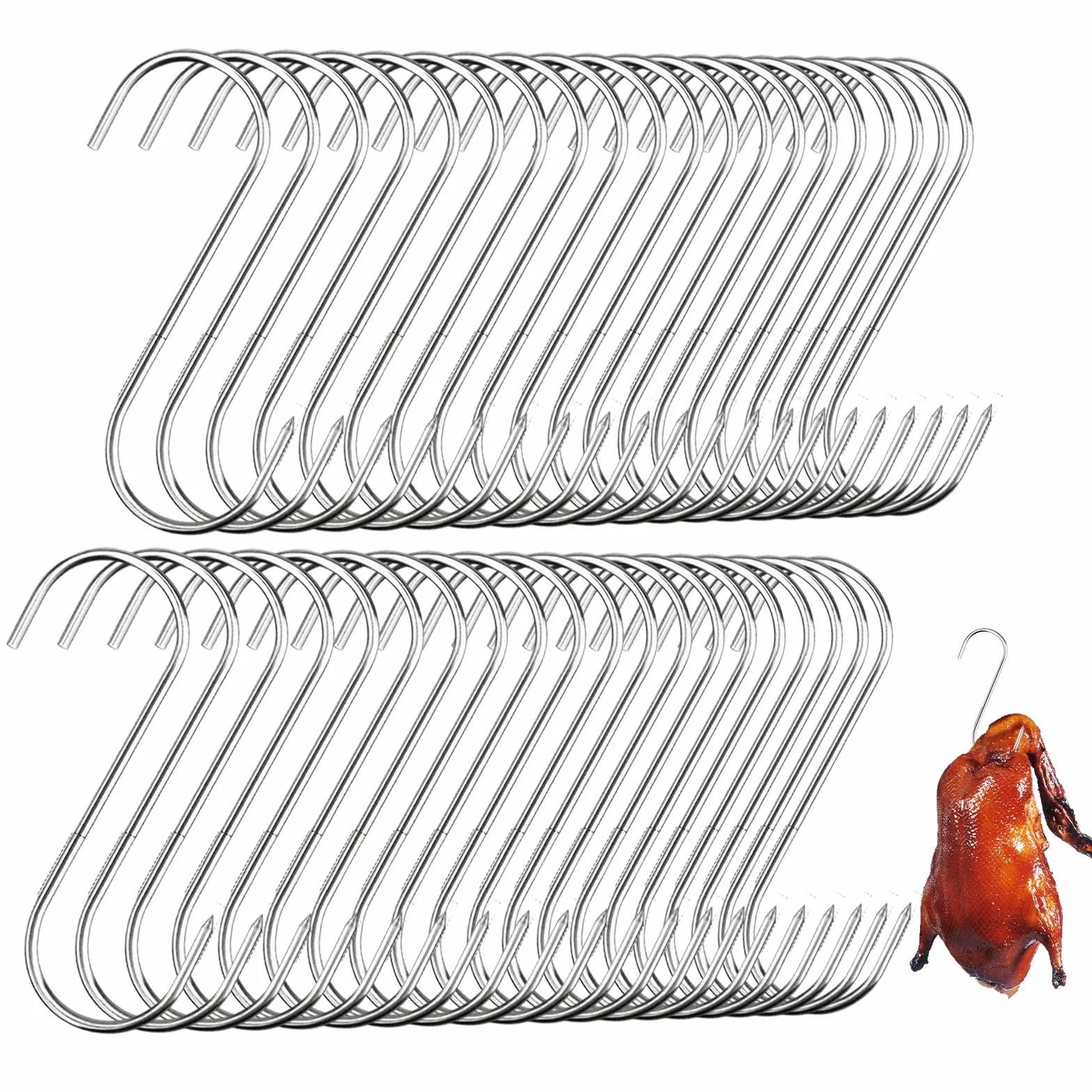 40 sztuk haczyków do mięsa ze stali nierdzewnej, 120 mm, haki wędzarnicze w kształcie litery S, haczyki do mięsa, stal nierdzewna, metalowe haki do łazienki, salonu, ogrodu, jadalni, wędzenia, obróbki