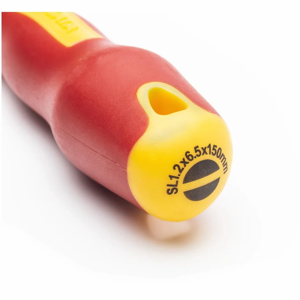 SATA ST61325SC VDE izolowany elektryk 6,5 mm śrubokręt z łbem szczelinowym z uchwytem VDE i stalowym ostrzem S2, 6,5 x 150 mm