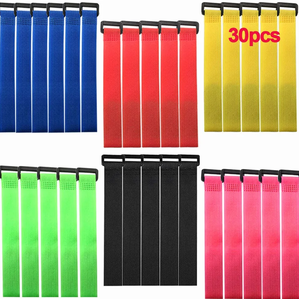 30 sztuk 20 x 2 cm zestaw nylonowych opasek kablowych, paski kablowe wielokrotnego użytku, regulowane zapięcia na kable z haczykiem i klamrą (czerwony żółty niebieski zielony różowy czarny)