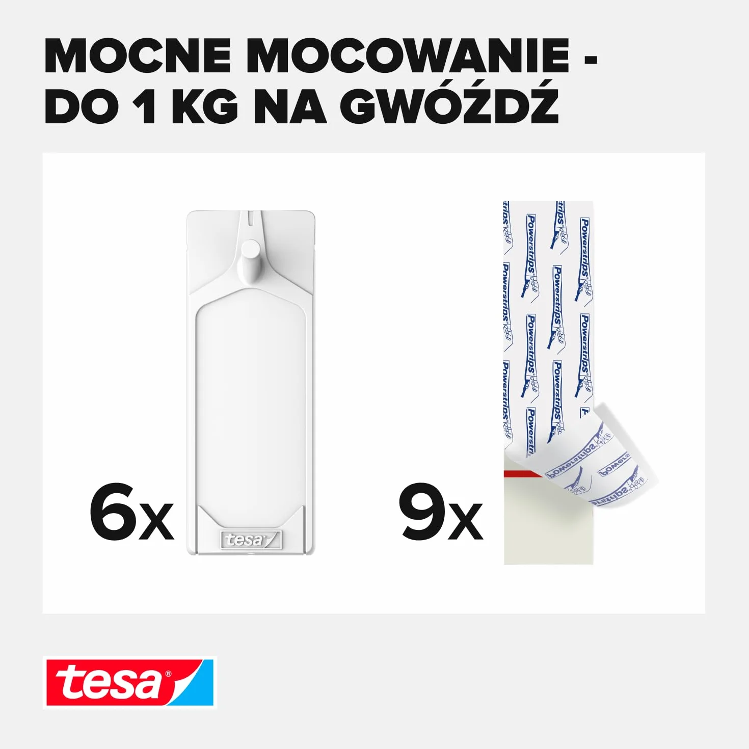 tesa Gwoździe samoprzylepne do tapet i tynku, 1 kg, 3 sztuki w opakowaniu – samoprzylepne paznokcie do delikatnych powierzchni – bez pozostawiania śladów – do 1 kg udźwigu na paznokieć – 3 x 2