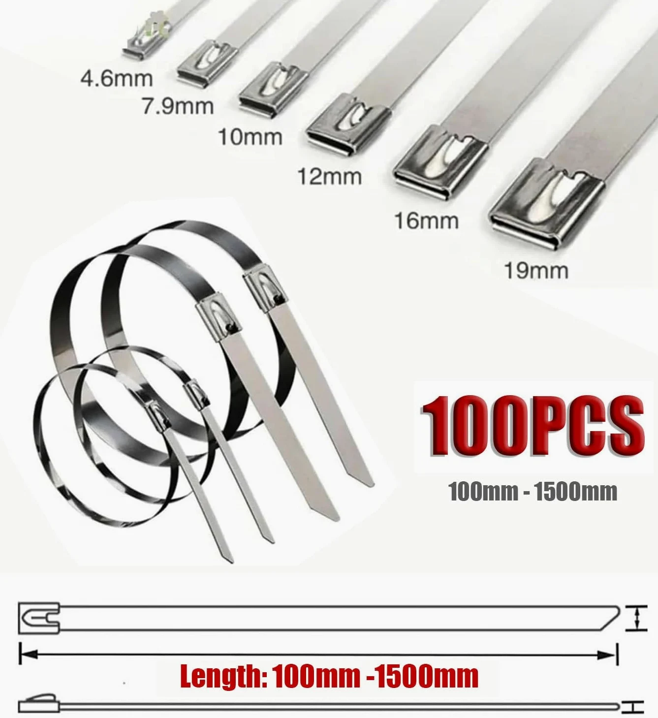 100 Szt. Metalowych Opasek Zaciskowych, Szerokość 4,6-19 mm, Długość 100-1500 mm, Opaski Zaciskowe Ze Stali Nierdzewnej 304, Wytrzymałe, Do Wiązania, Ogrodnictwa, Na Zewnątrz(4.6x900mm)