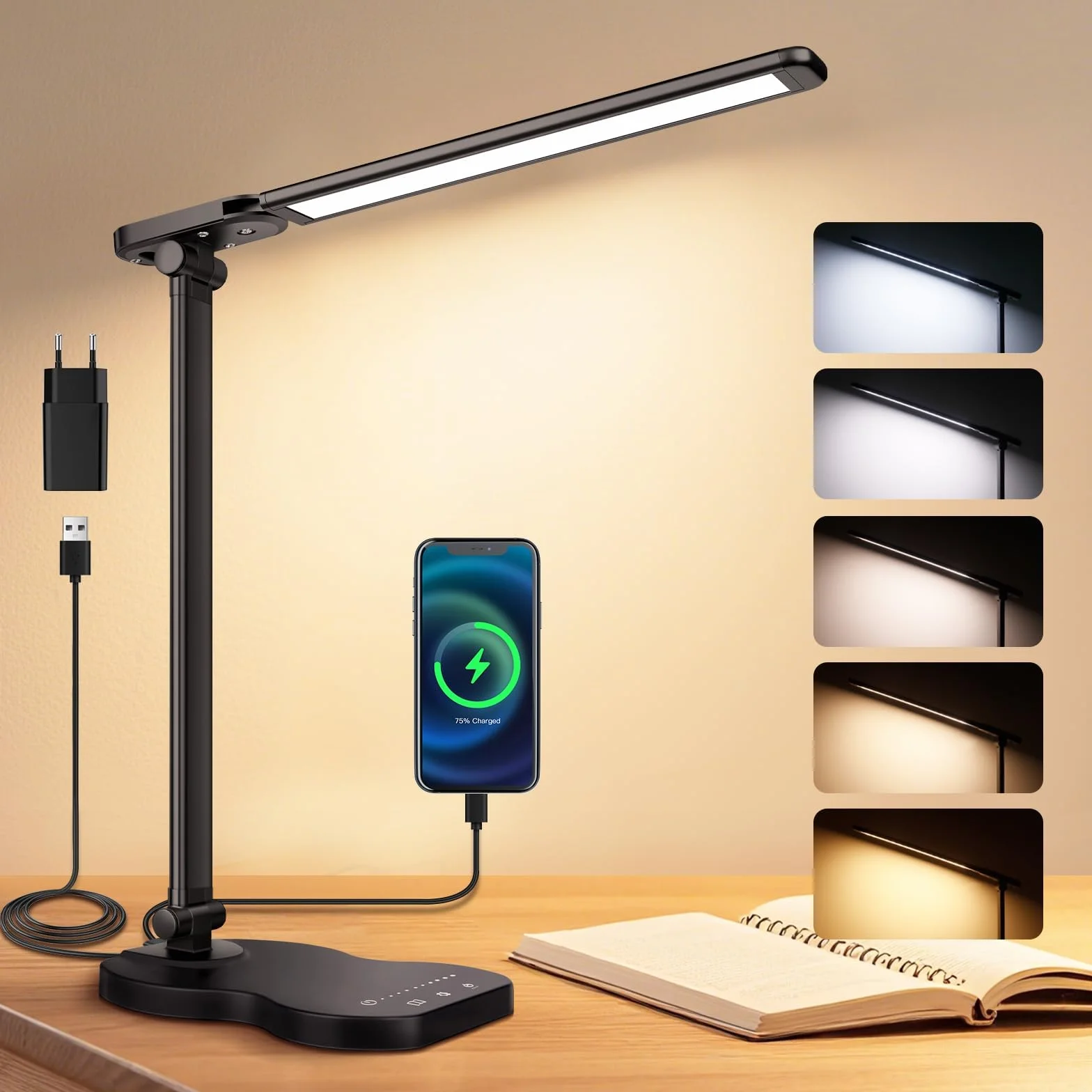 Caldarax Lampa biurkowa LED, lampa stołowa 5 kolorów i 10 poziomów jasności, port USB/minutnik/sterowanie dotykowe, ochrona oczu LED do czytania, pracy, nauki (czarna)