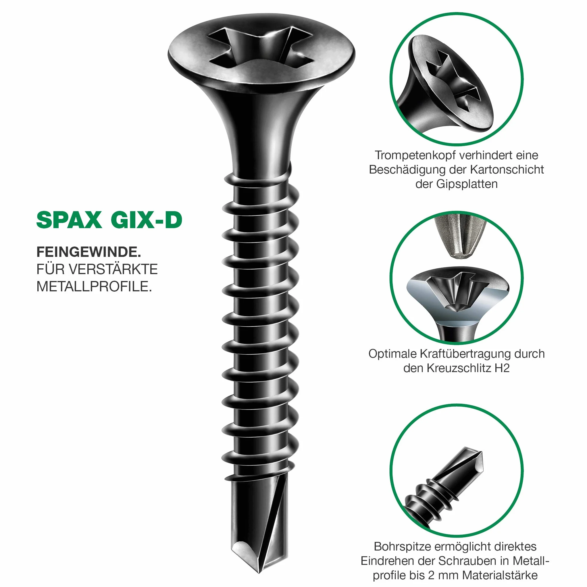 SPAX GIX-D wkręty do szybkiego montażu 3,5 x 25 mm, pełny gwint, 1000 sztuk, końcówka wiertnicza, rowek krzyżowy H2, łeb trąbkowy, śruby do suchego montażu do wzmocnionych profili metalowych – 1991170350255