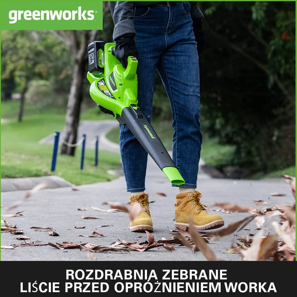 Greenworks GD24X2BVK4X Akumulatorowa dmuchawa odkurzacz do liści, silnik bezszczotkowy, 322 km/h, 9 m³/min, worek 45 L, 2×24 V (odpowiednik 48V)