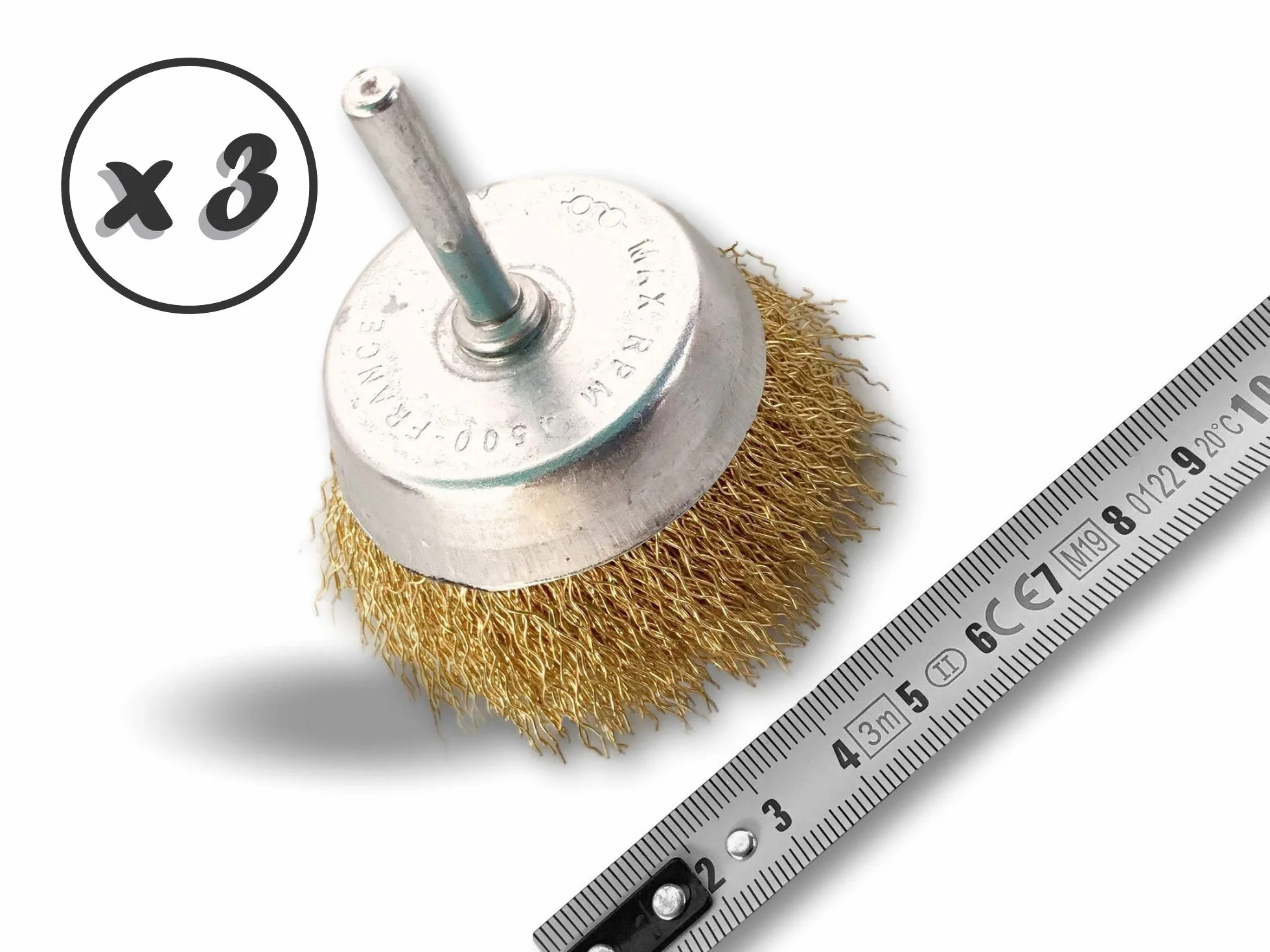 Metalowa szczotka obrotowa do cięcia Ø 75 mm | Zestaw 3 | Na pręcie Ø 6 mm | Drut mosiężny Ø 0,30 mm twardy | Do wiertarki lub wkrętarki z uchwytem | Kibros 2575LTx3