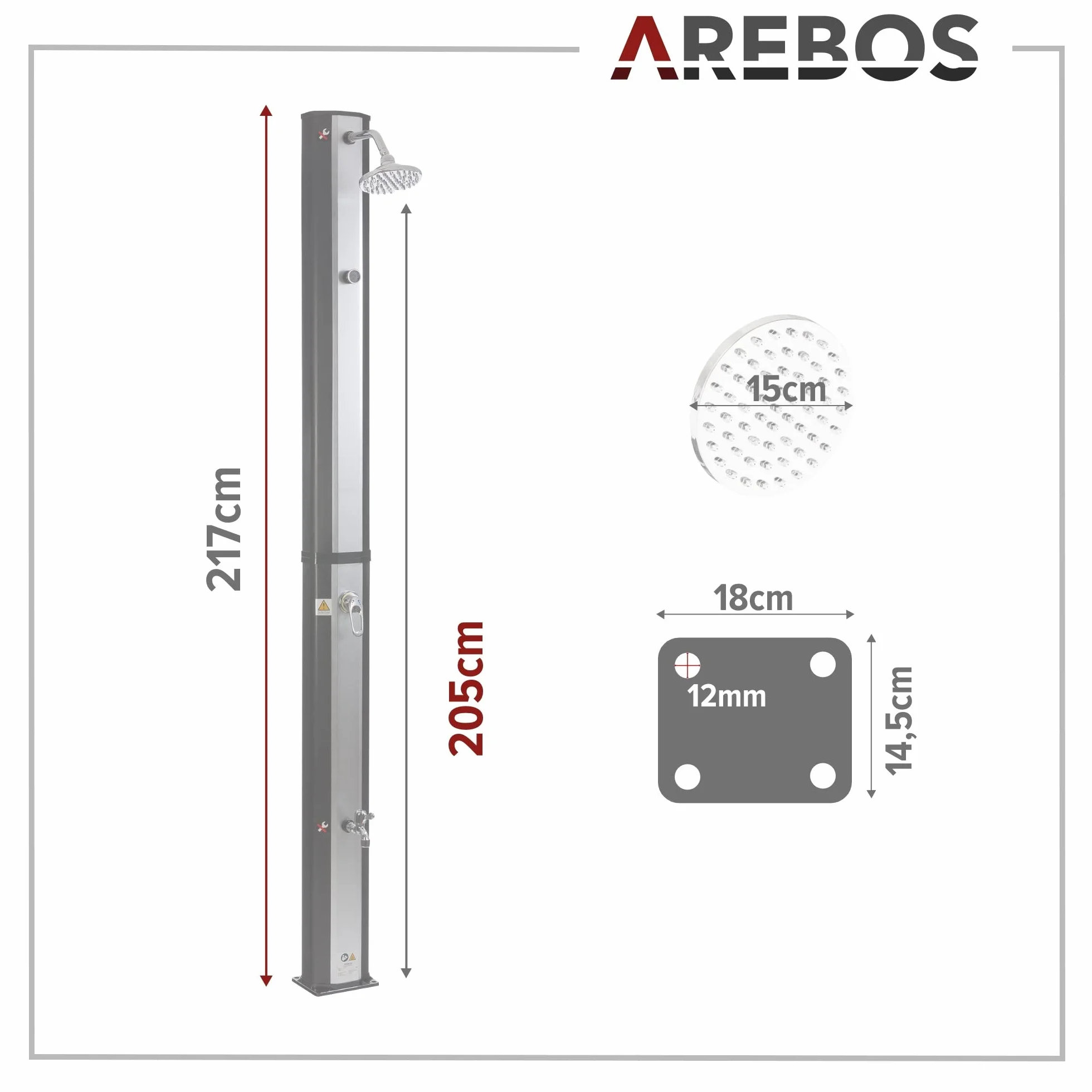 AREBOS Solar Shower 35 litrów 216cm Prysznic ogrodowy z termometrem