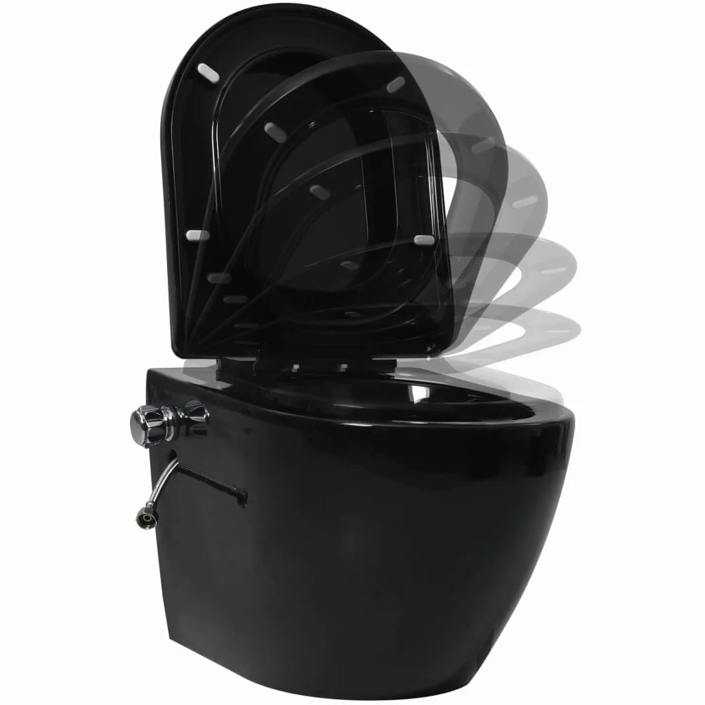 Wc ścienna bez krawędzi spłukiwania, ceramiczna czarna z funkcją bidetu, oszczędność miejsca design do łazienki, łącznie z elementami mocującymi, wolnoopadająca i łatwa w pielęgnacji