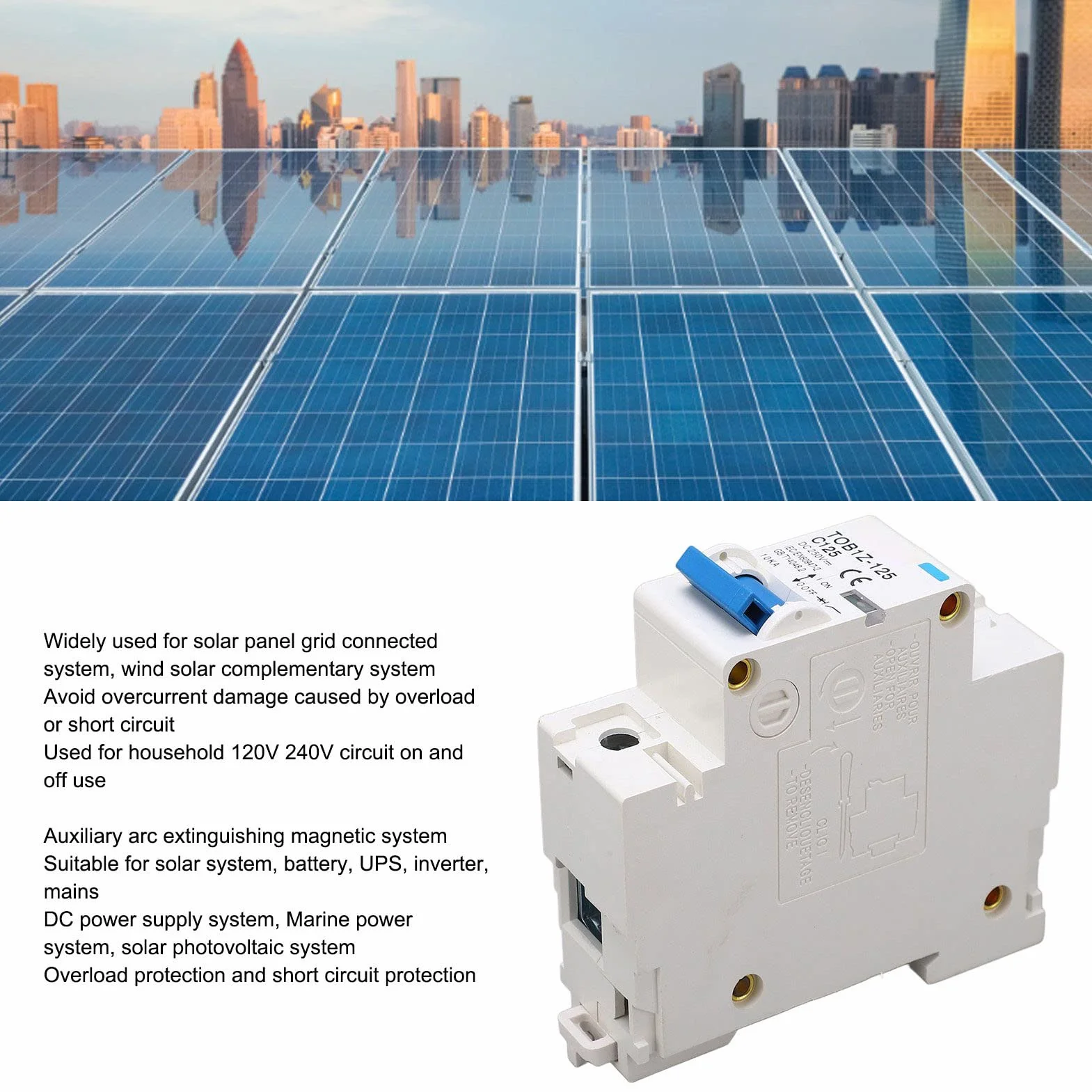 DC Miniaturowy Przerywacz 1P 125A 250V do Montażu na Szynie DIN Wygaszenie łuku Rozłącznik Słoneczny do Systemu Fotowoltaicznego TOB1Z 125 C125