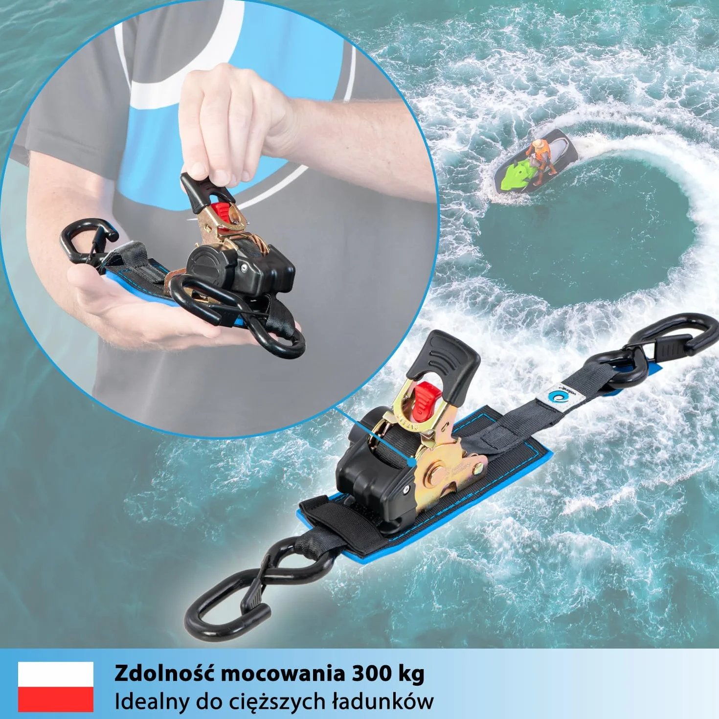 valonic RACOON - 2x 1,8m automatic ratchet tension strap, 25mm, 300/600 Kg, wyściełany, EN-12195-2 - z grzechotką, czarny, pasek napinający do motocykli