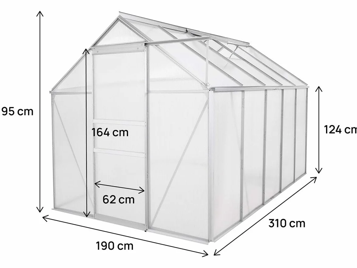 Szklarnia ogrodowa z poliwęglanu 310 x 190 x 195 cm Bazylia 5,89 m² Szary
