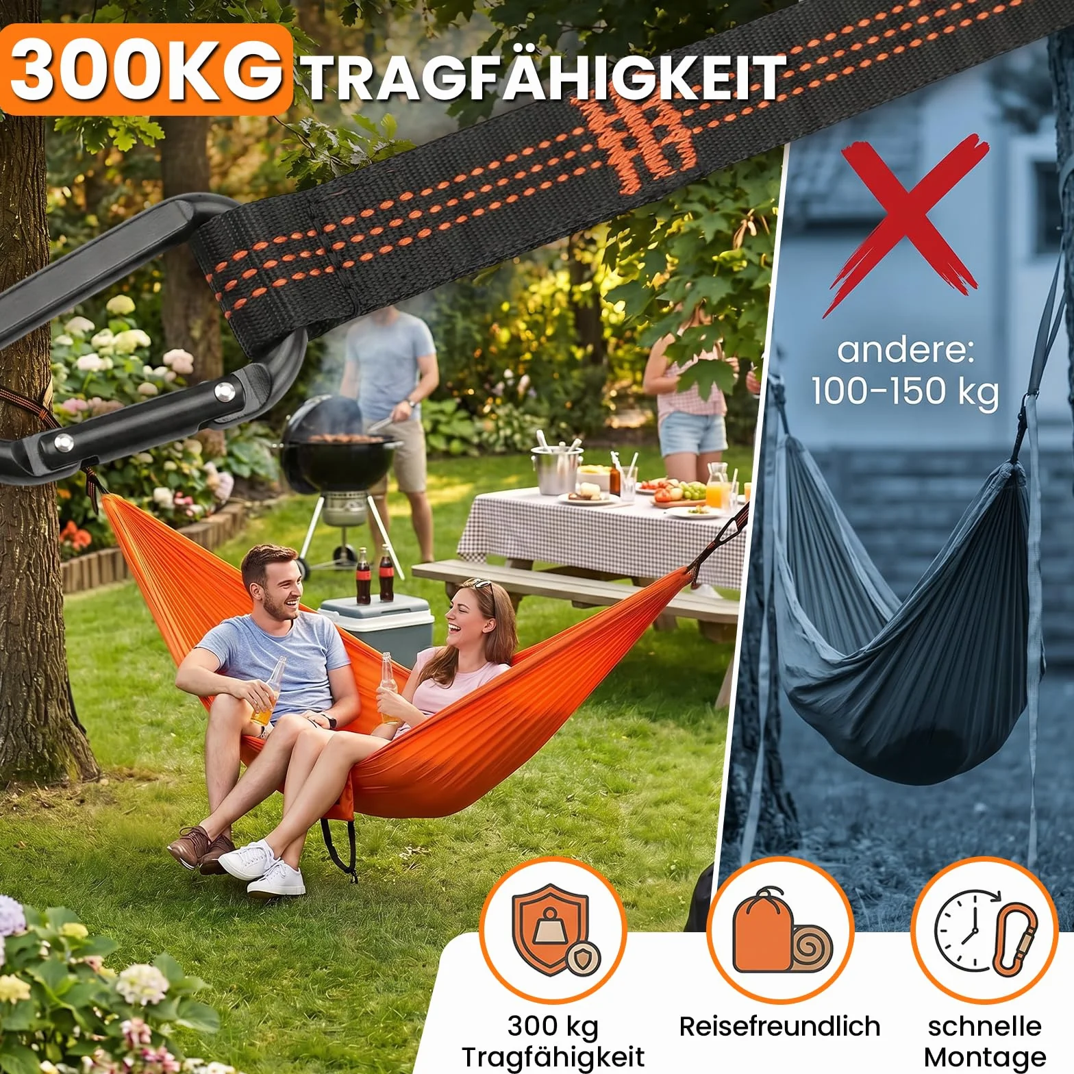 Zestaw 2 uchwytów do hamaka, pasy z klamrami, nośność 500 kg
