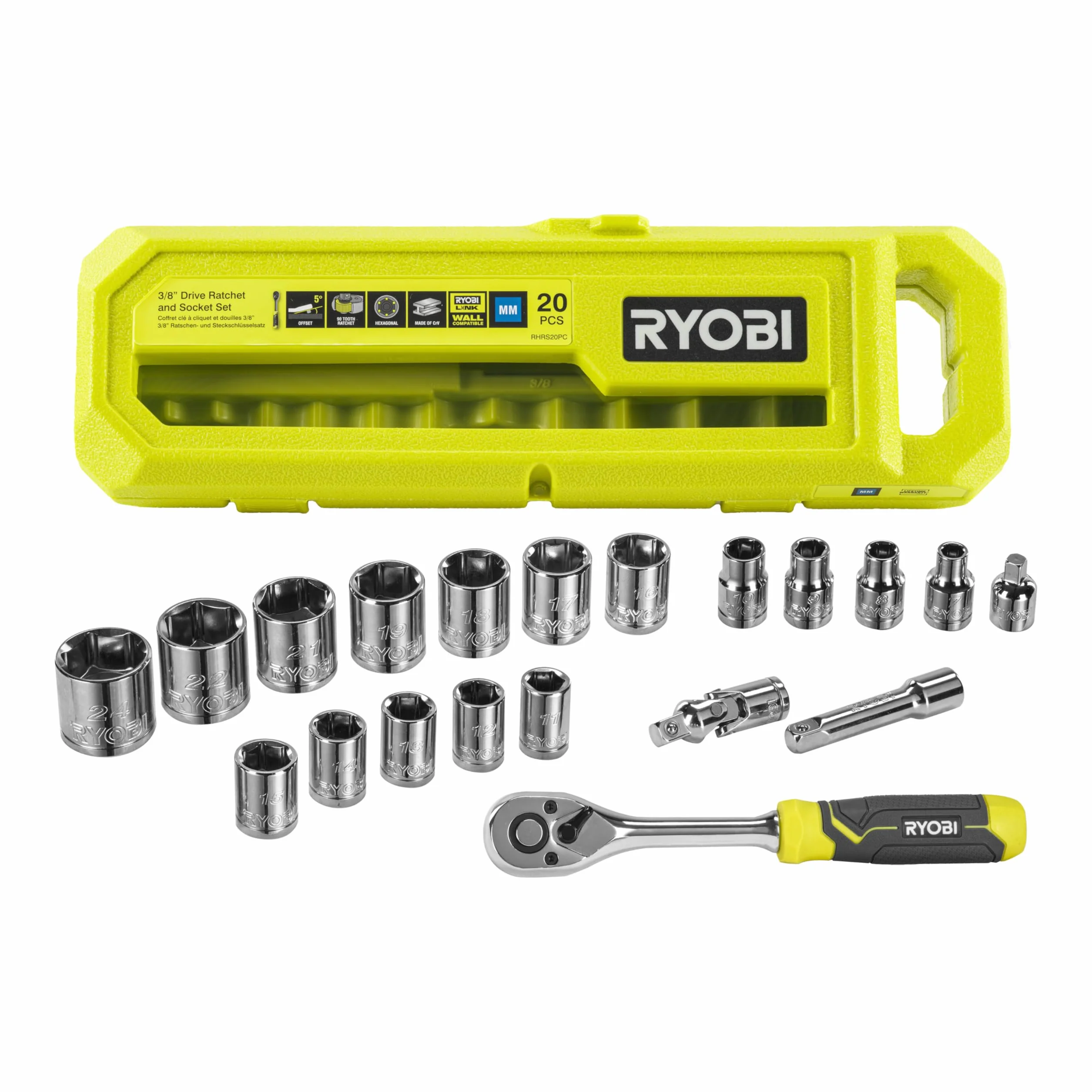 Ryobi - 20-częściowy zestaw – 19 kluczy nasadowych 1/4 cala i śrubokręt – RHRS20PC