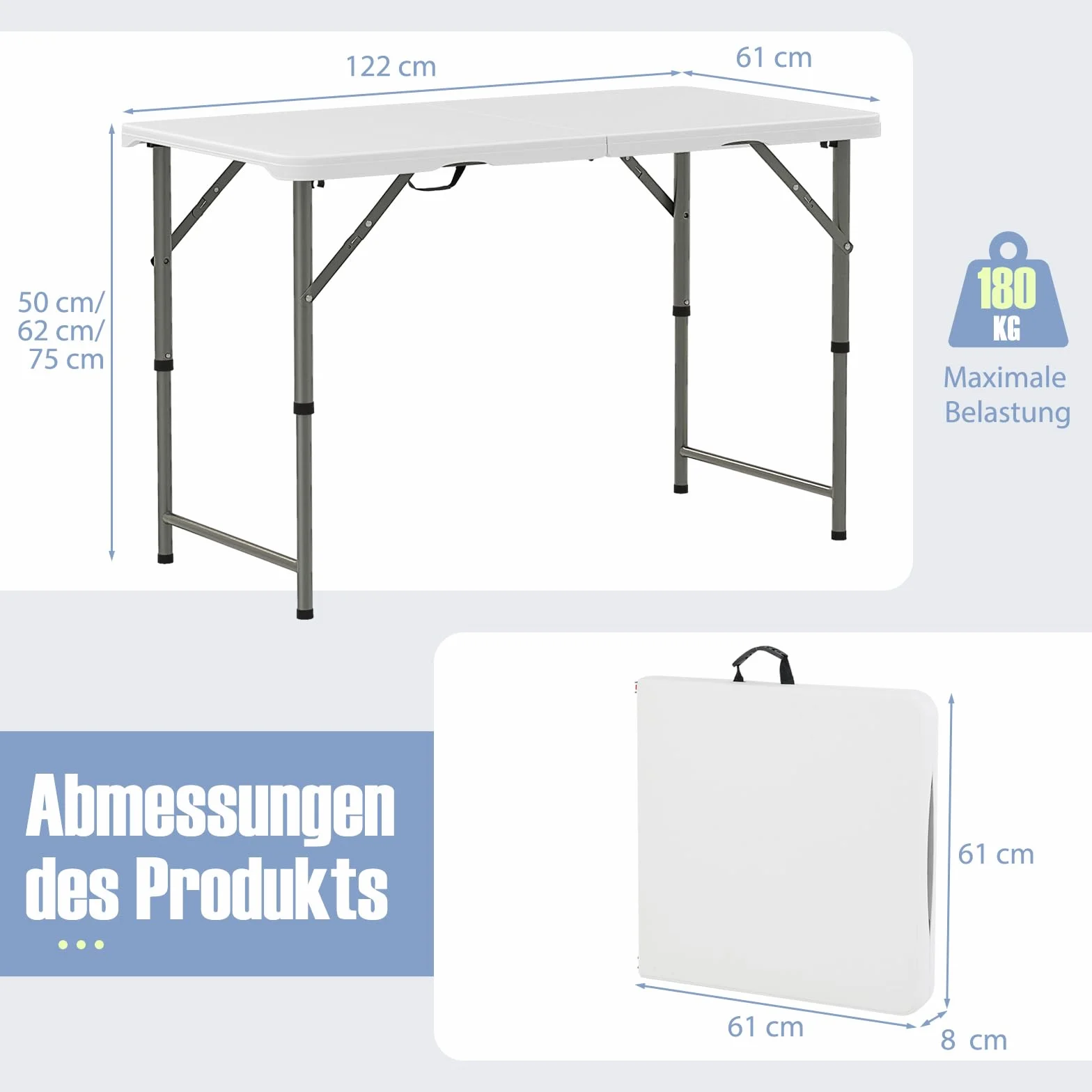 COSTWAY Stół kempingowy składany z regulacją wysokości, blat HDPE, 122 x 61 x 75 cm