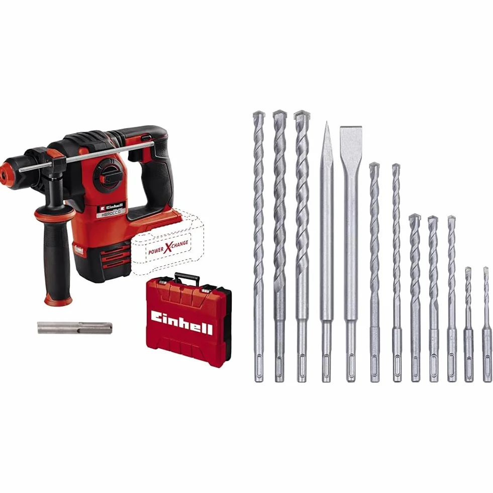 Einhell Herocco Młot Udarowy, Czerwony/Czarny, ‎27.5 x 10 x 20.8 cm; 2.12 kg & kwb 240290 SDS-Plus zestaw dłut