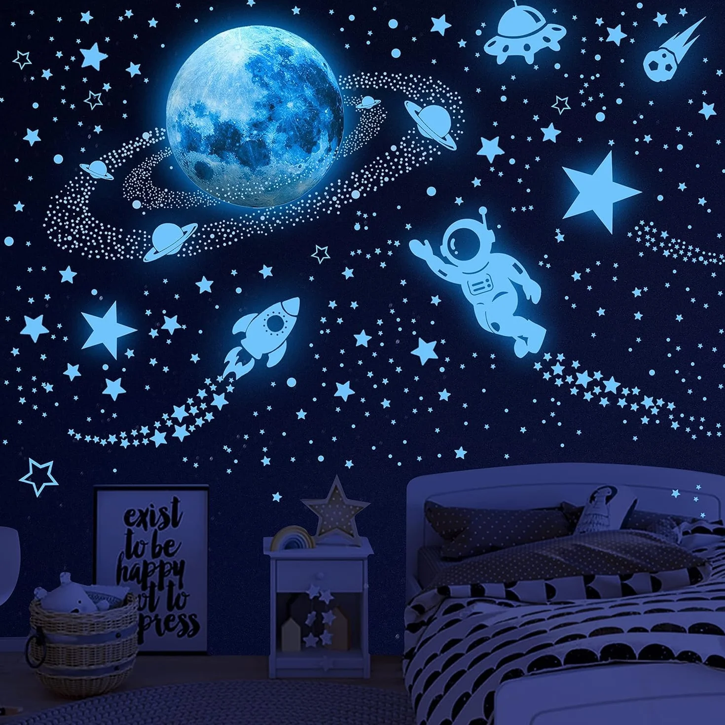 Naklejki ścienne świecące w ciemności gwiazdy i planeta, galaktyka, astronauta, rakieta, statek kosmiczny, dekoracja kosmitów, naklejki ścienne planety, jasne naklejki ścienne dla dzieci, planety,