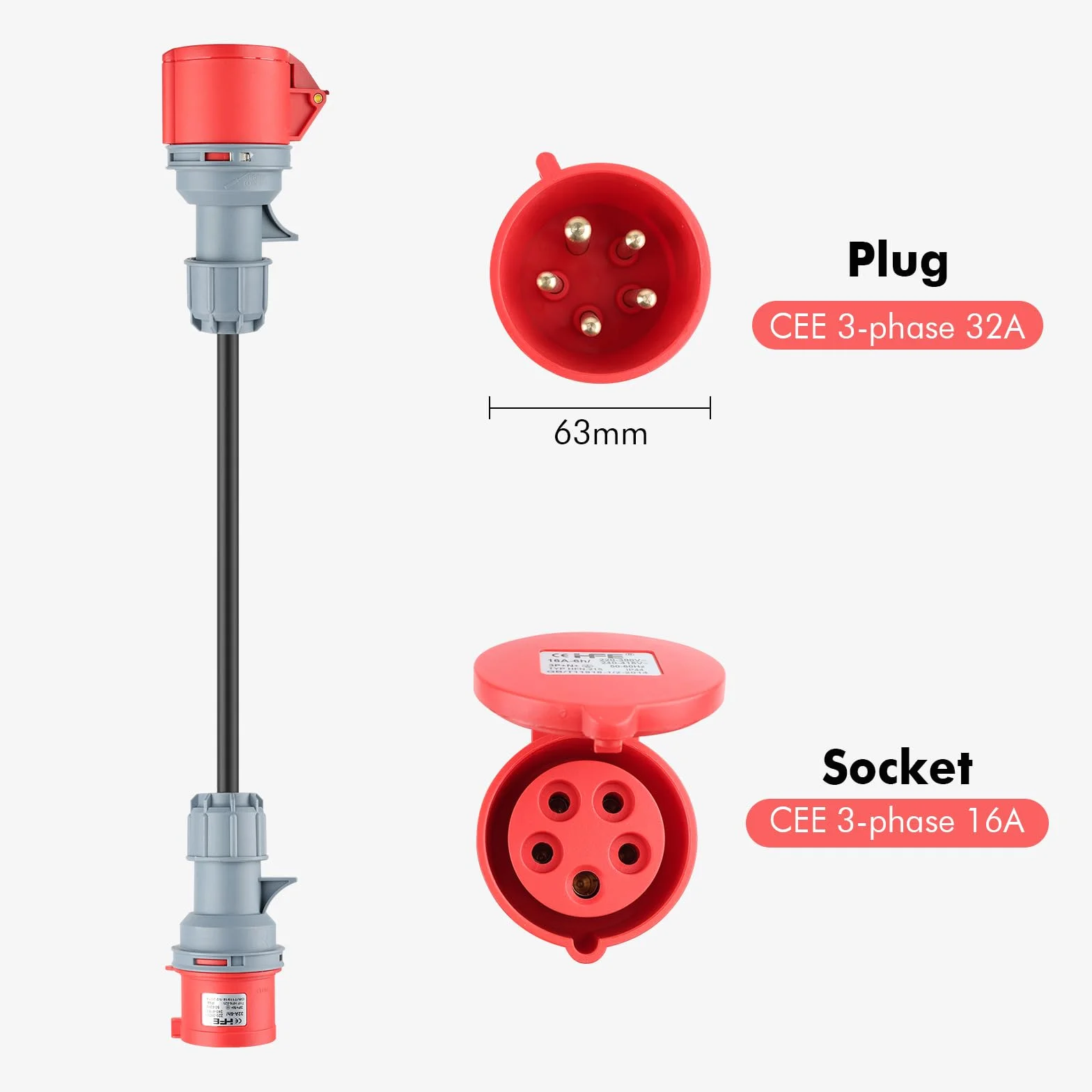3 x CEE adapter wtyczka Schuko, zestaw adapterów CEE 16A 5-biegunowy do CEE czerwony 32 A/CEE niebieski 16 A/230 V gniazdo gospodarstwa domowego, 3 x 2,5 mm² H07RN-F 16 A adapter sieciowy wtyczka