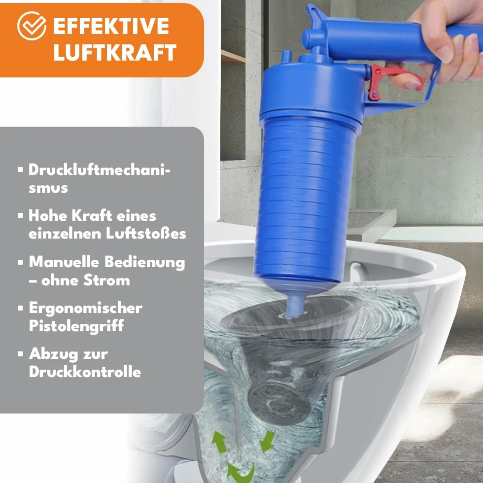 KRUMAD – pistolet do czyszczenia odpływów sprężonym powietrzem, do toalet, odpływów i pryszniców, z nasadkami, bez środków chemicznych, ręczny