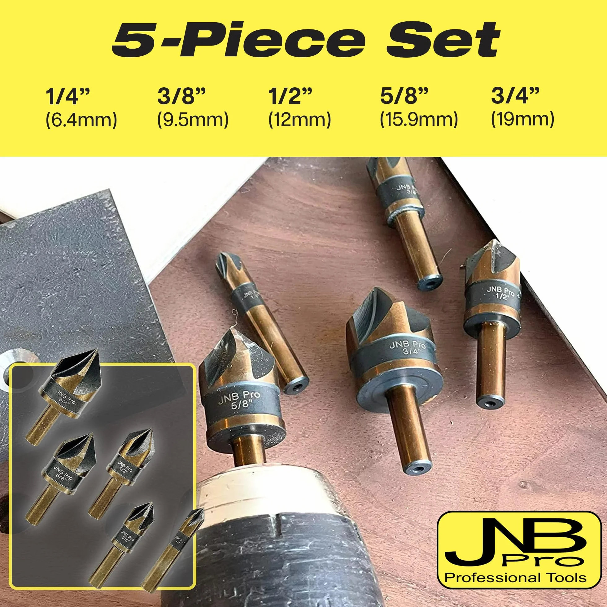 JNBPRO Zestaw wierteł do metalu, 5 szt. stal o wysokiej prędkości z 5% węglem klasy HSS-Co M35, rozmiary 1/10.2 cm, 3/20.3 cm, 1/5.1 cm, 5/20.3 cm i 3/10.2 cm, 1/10.2 cm .2 cm ROL UND SHANK, zestaw