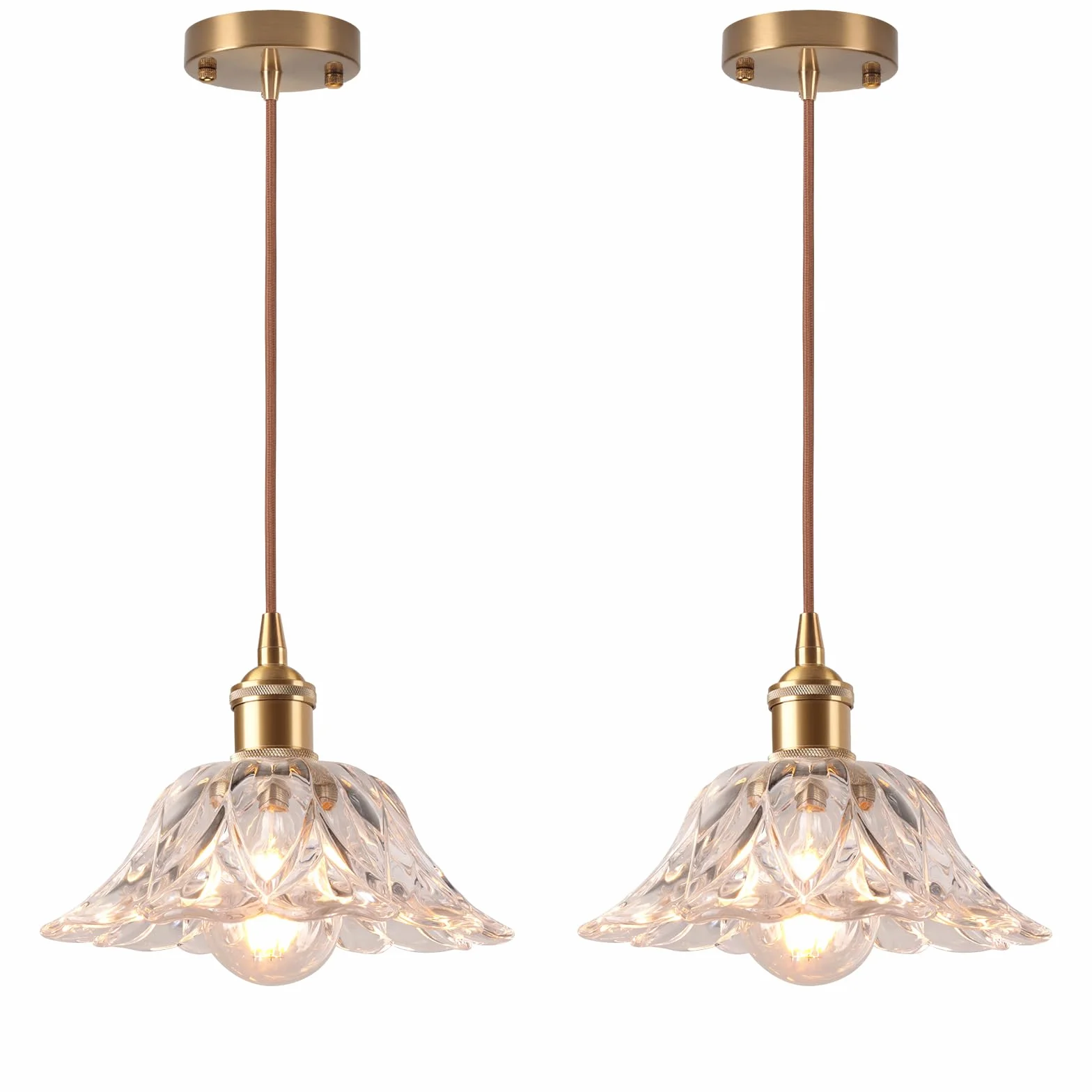 Zestaw 2 Żyrandole Wiszące Vintage Żyrandol Industrialny E27 Kreatywna Lampa Kwiatowa z Przezroczystym Parasolem Szklanym Żyrandol Sufitowy Dekoracyjny do Kuchni Jadalni Sypialni