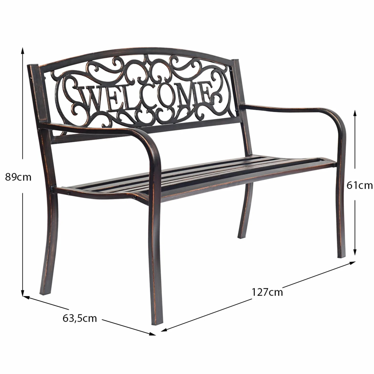 COSTWAY Ławka ogrodowa metalowa żeliwna na 2-3 osoby z oparciem i podłokietnikami 127x63.5x89 cm