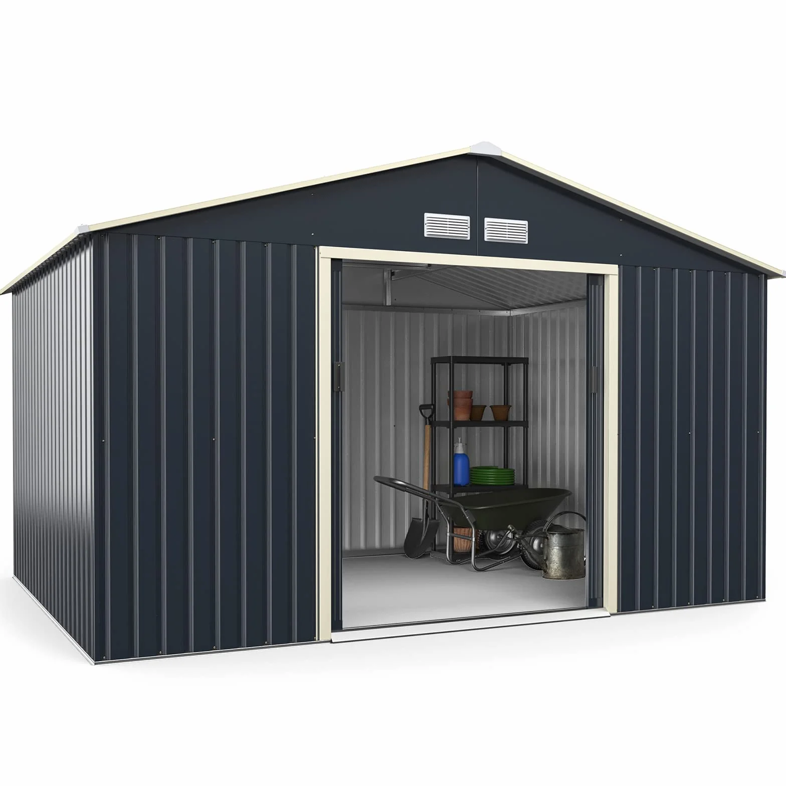 COSTWAY metalowa szopa narzędziowa 340x255x210 cm zamykana domek ogrodowy z drzwiami przesuwnymi