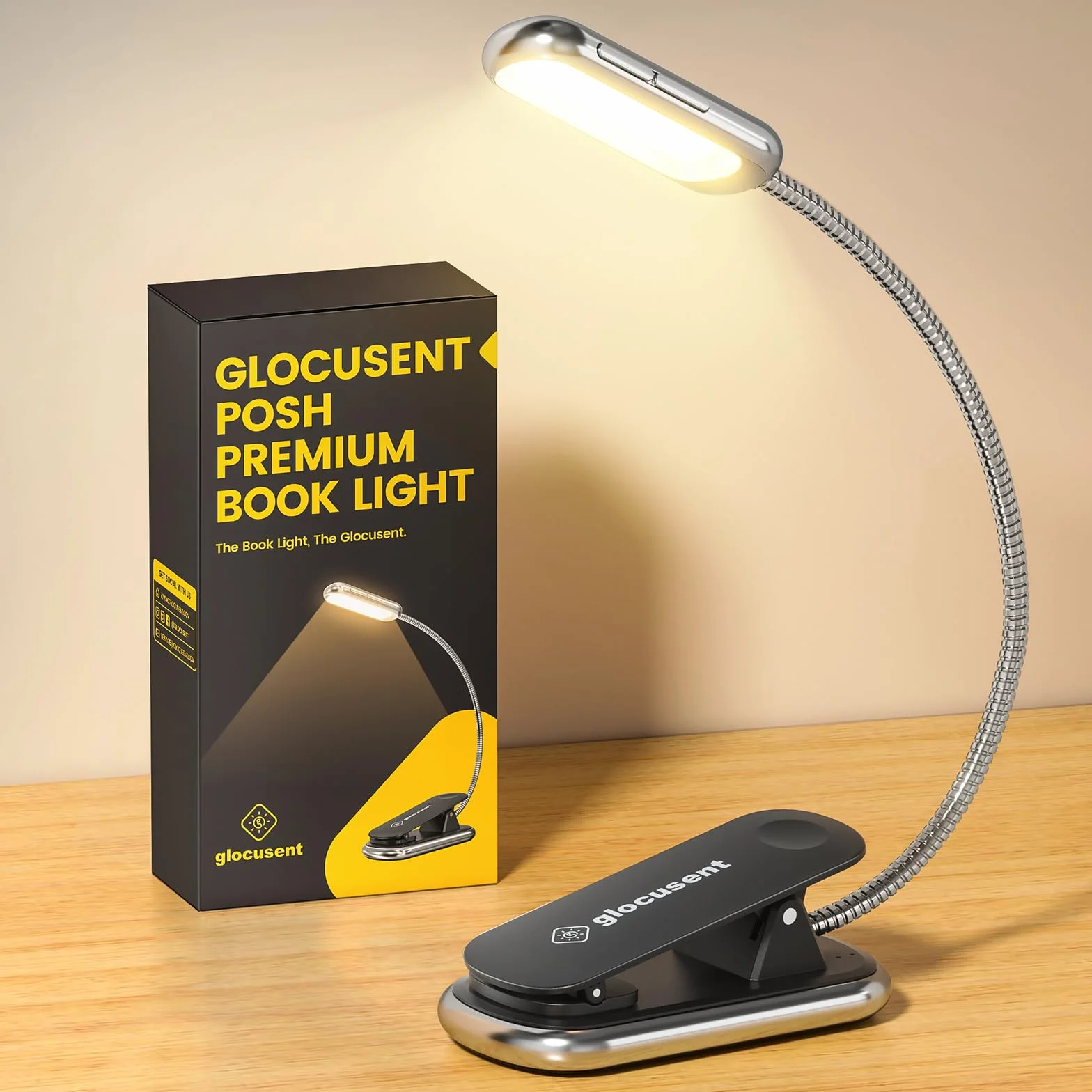 Glocusent Posh Premium lampka do czytania do książek w łóżku z timerem, 16-LED ładowalna lampka do czytania działa 160 godzin, 1800K Eyecare Clip na lampce do czytania, 3 kolory i 5 poziomów jasności (Czarny)