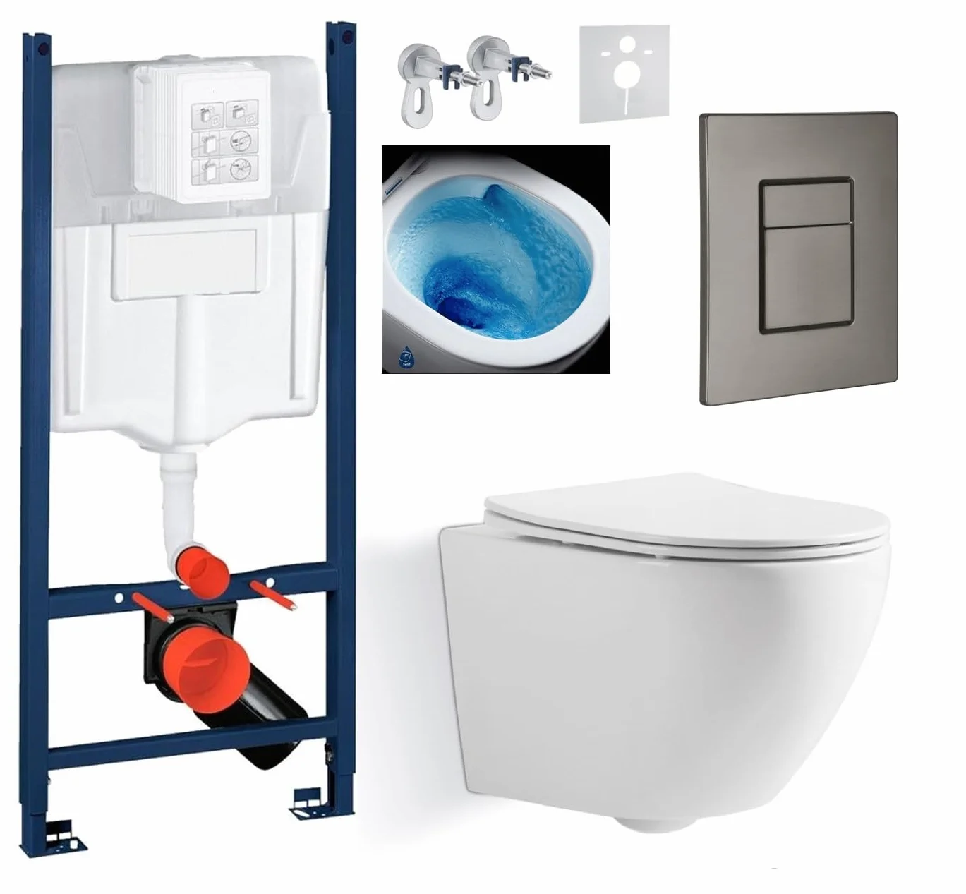 Kompletny zestaw Imprese 5w1 – stelaż podtynkowy + miska WC bezkołnierzowa BLATNA TWIST TORNADO + deska sedesowa wolnoopadająca Slim + grafitowy szczotkowany przycisk + mata + zestaw montażowy