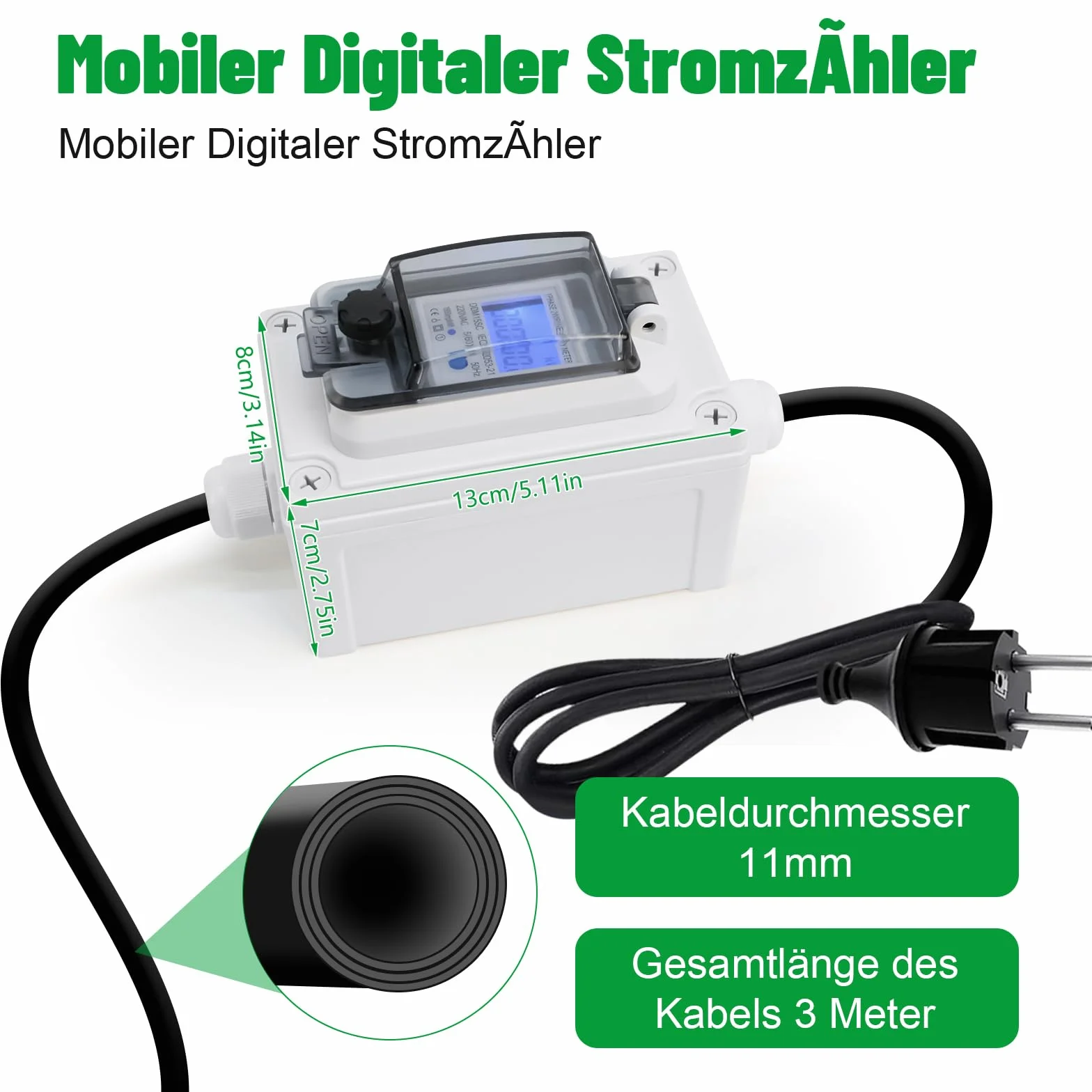 Mobilny cyfrowy miernik energii elektrycznej 230 V 60 A zewnętrzny miernik mocy CEE z wodoodpornością IP67 wodoodporny miernik energii elektrycznej LED z resetem przenośny gumowy przewód do węża