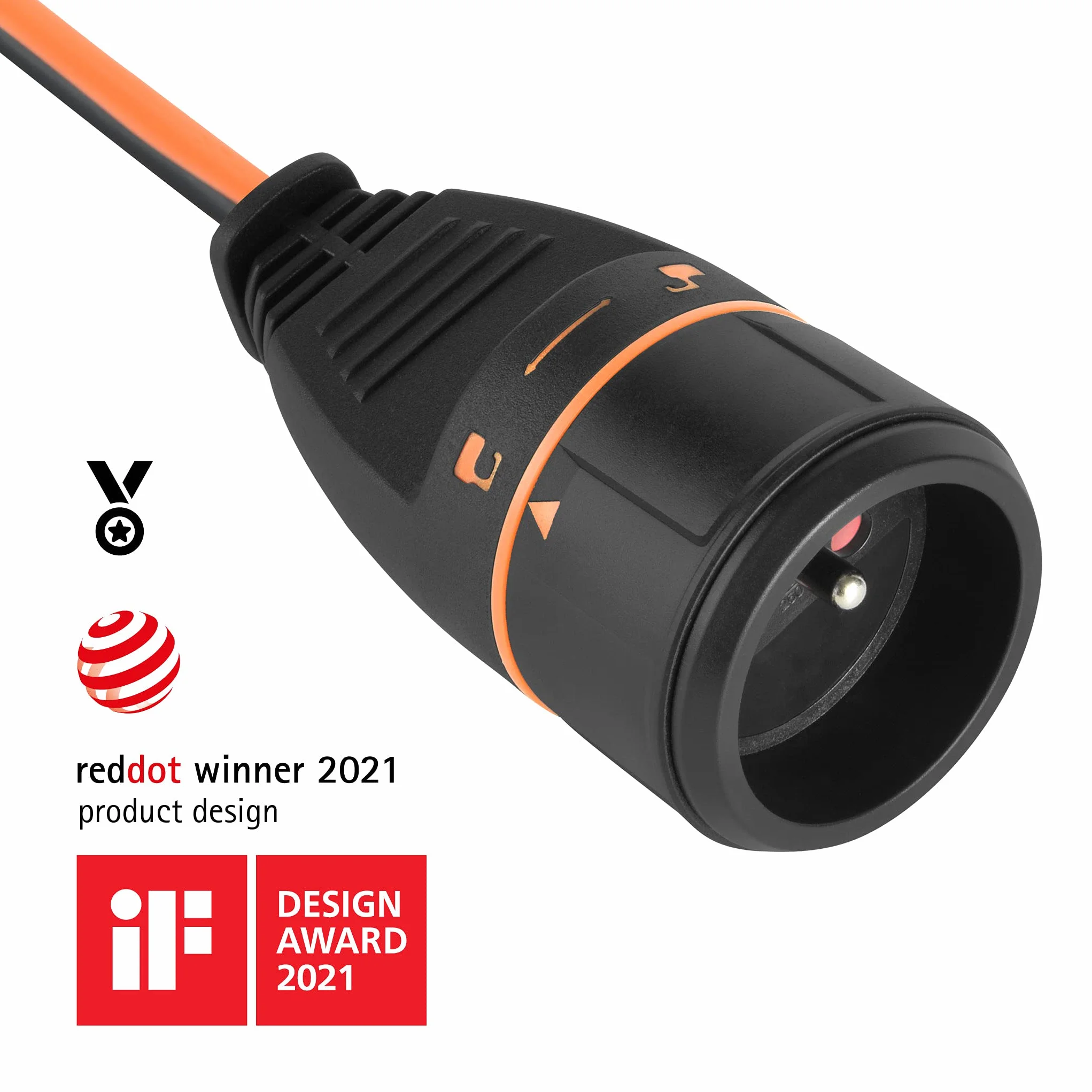 Electraline 208666 Przedłużacz ogrodowy z zwijaczem 40M 3G1.5mm Francuski Electralock wyposażony w system blokujący, który zapobiega rozłączeniu wtyczki, czarny/pomarańczowy